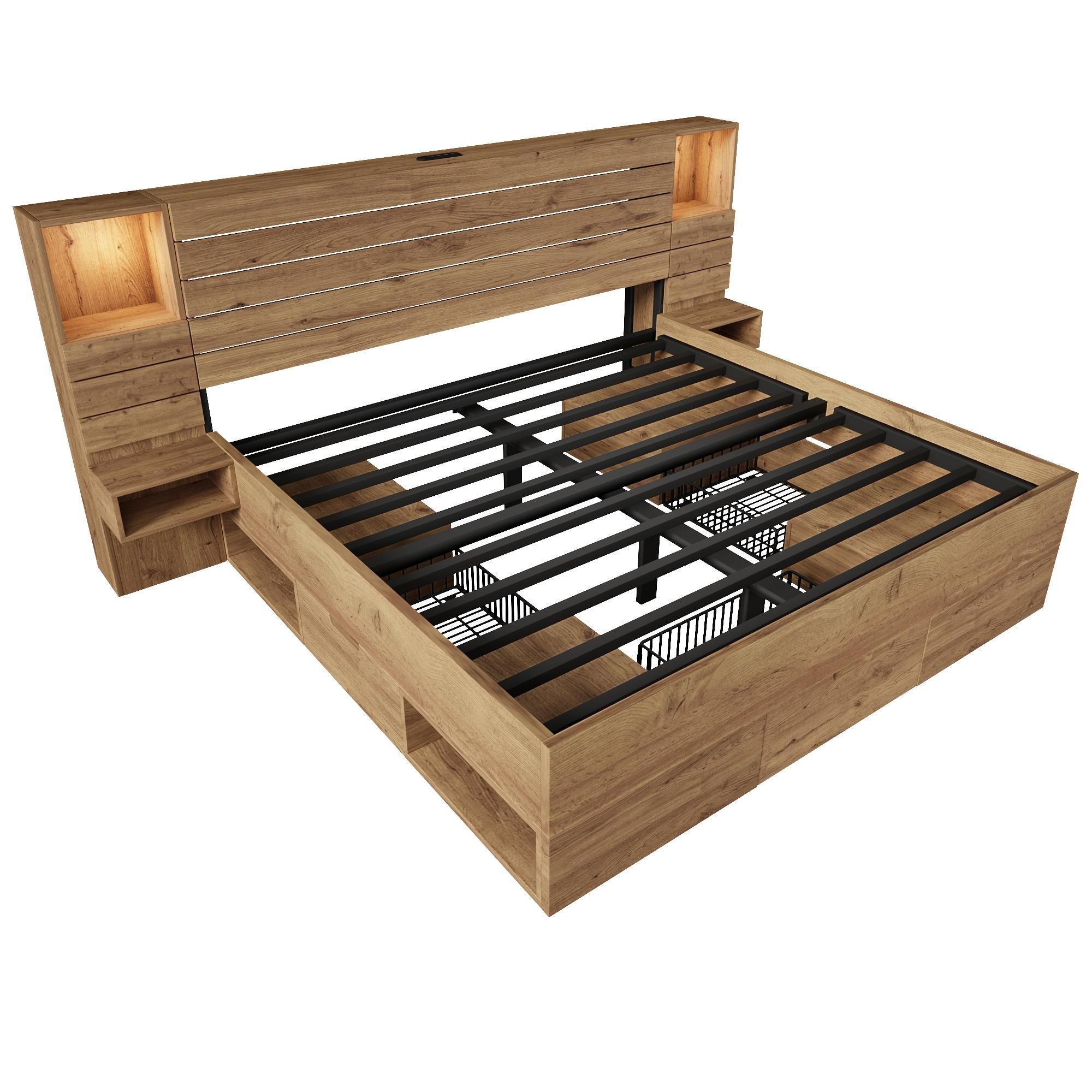 Flieks Stauraumbett Doppelbett 180x200cm mit USB & Type-c, Jugendbett Holzbett mit LED, Funktionsbett mit Schubladen, offene Fächer & Nachttisch, Oak