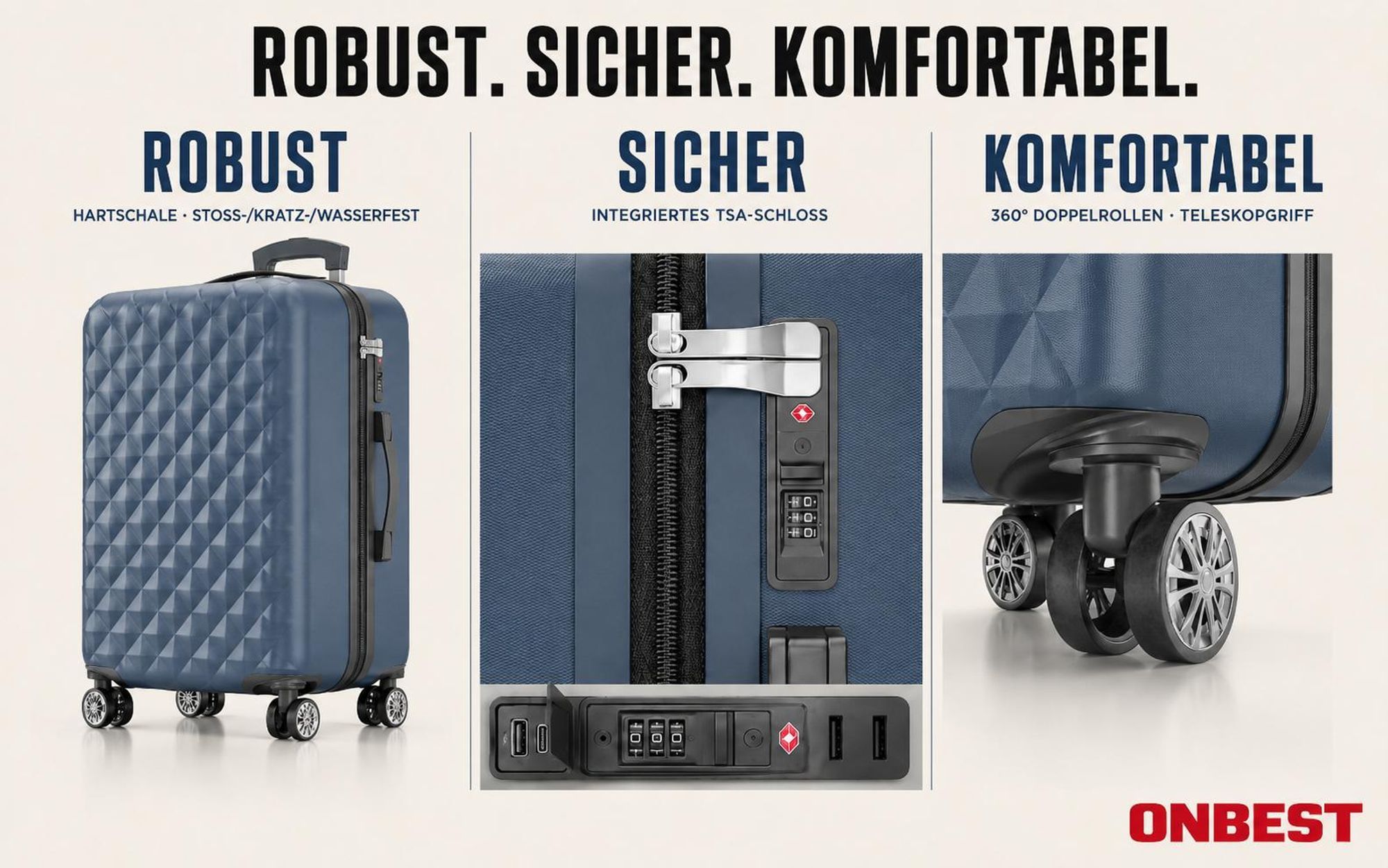 ONBEST Hartschalen Koffer Set | 4-teilig | Blau | mit TSA-Schloss | USB-Anschluss | viel Zubehör | 360° Doppelrollen