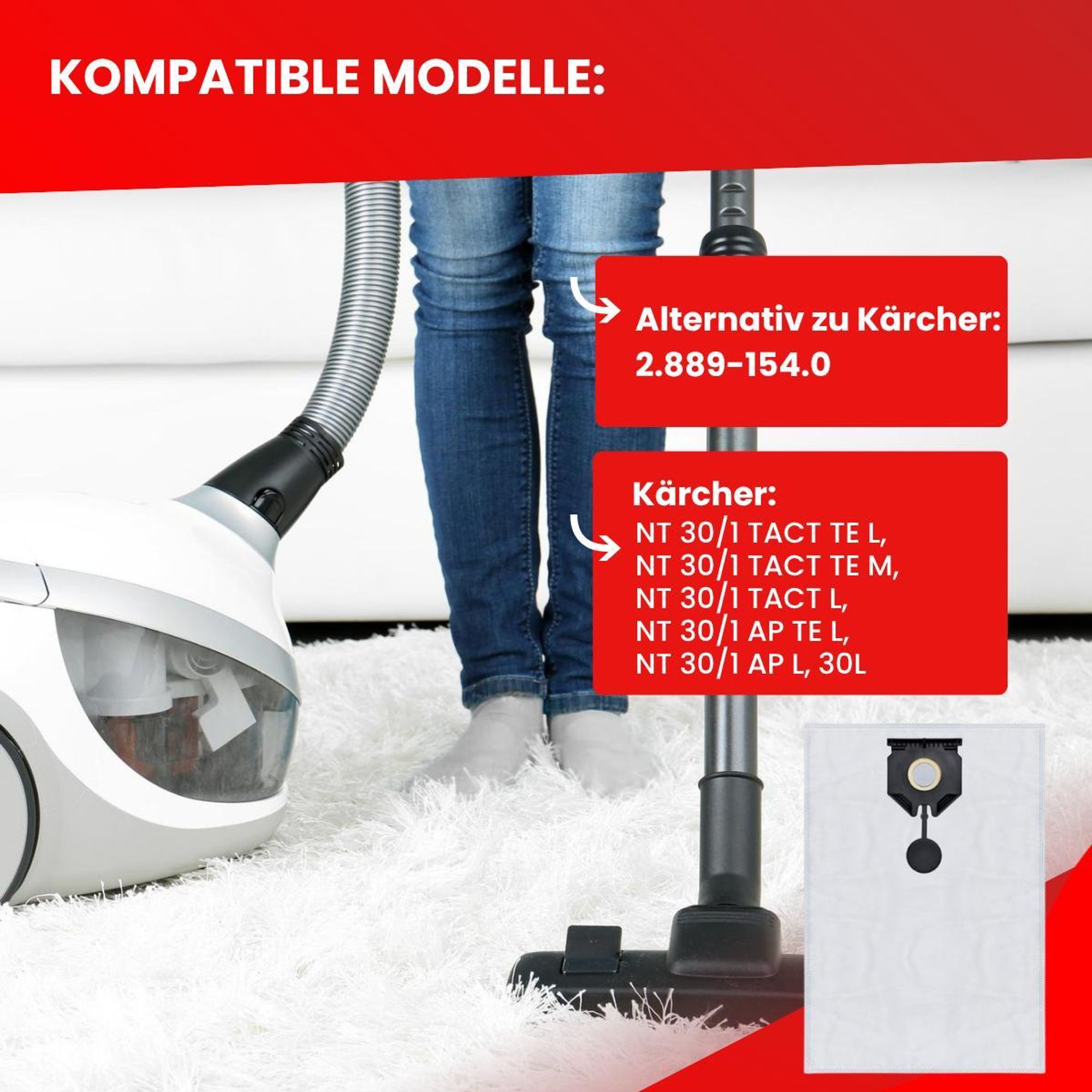 Invest 5 Staubsaugerbeutel geeignet für Kärcher NT 30/1 30 L Alternativ zu 2.889-154.0, Ersatz