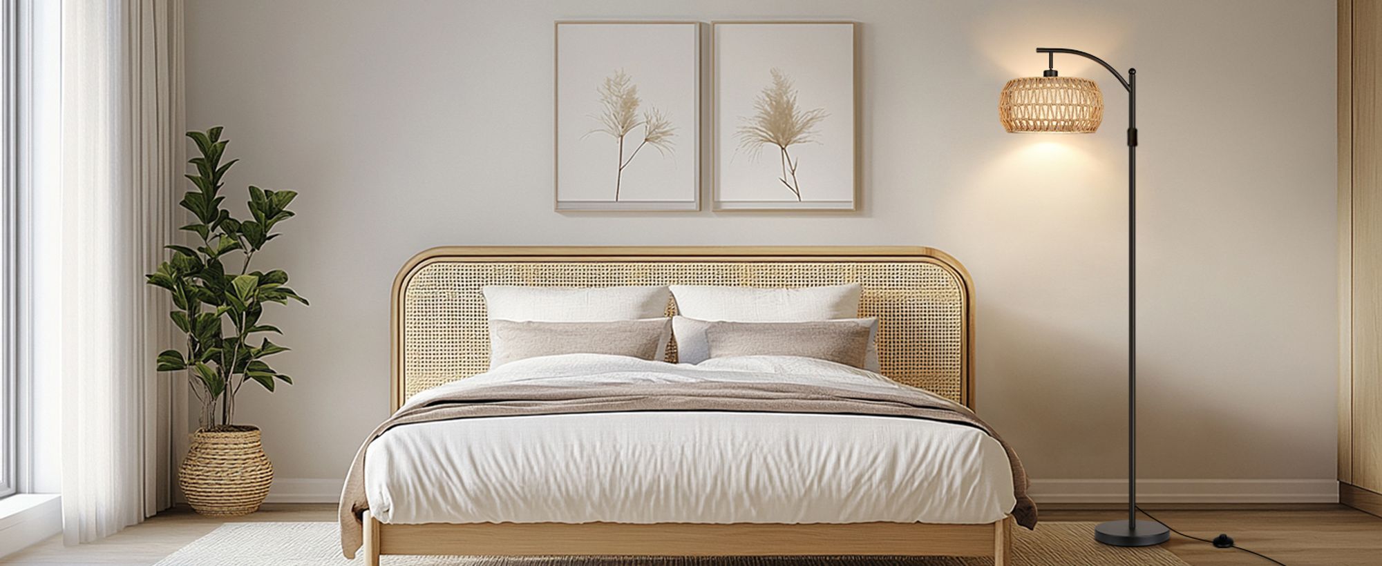 Rattan Stehlampe Boho Dimmbar Stehleuchte App-Steuerung Höhenverstellbar Standleuchte mit Fernbedienung für Schlafzimmer Wohnzimmer Büro
