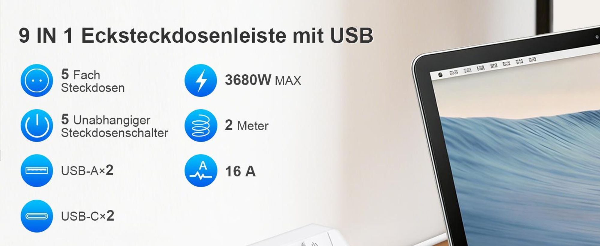 Steckdosenleiste, Steckdosenadapter, EU Steckdose, 5 Fach Mehrfachstecker, Verteilersteckdose, Tischsteckdose, mit 4 USB+2 USB C,2M Verlängerungskabel