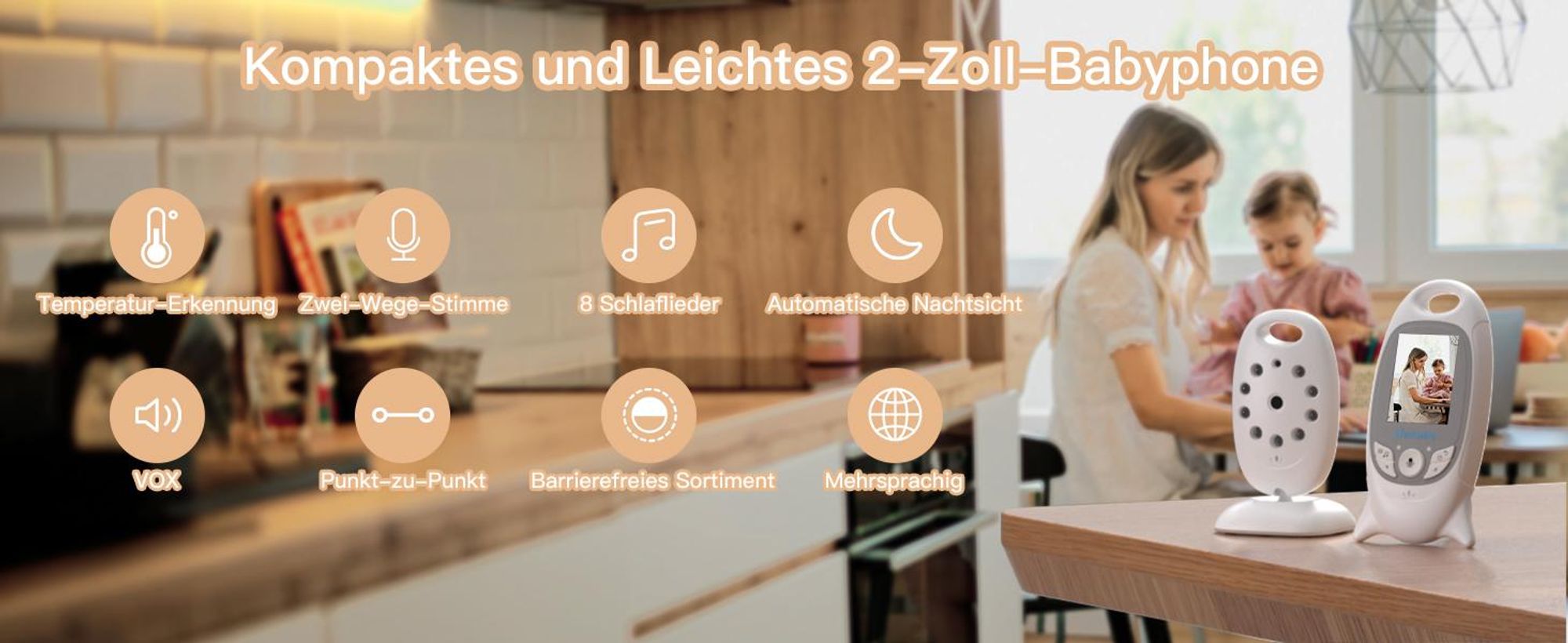 Boifun 2" Babyphone mit Kamera Video Baby Monitor mit Halterung VOX Modus Nachtsicht Temperatursensor