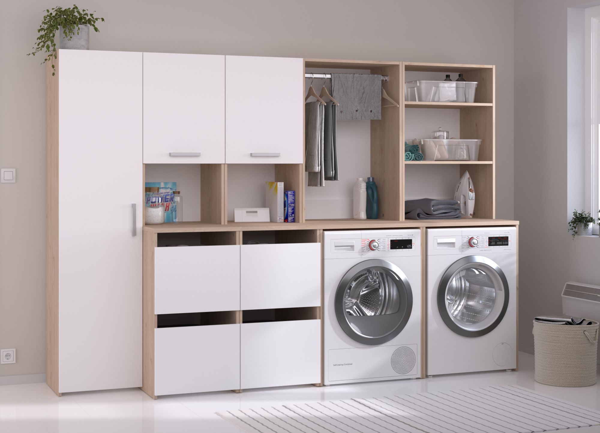 Waschmaschinenschrank "Laundry" weiß und Eiche Schrank-Set 3-teilig 268 cm