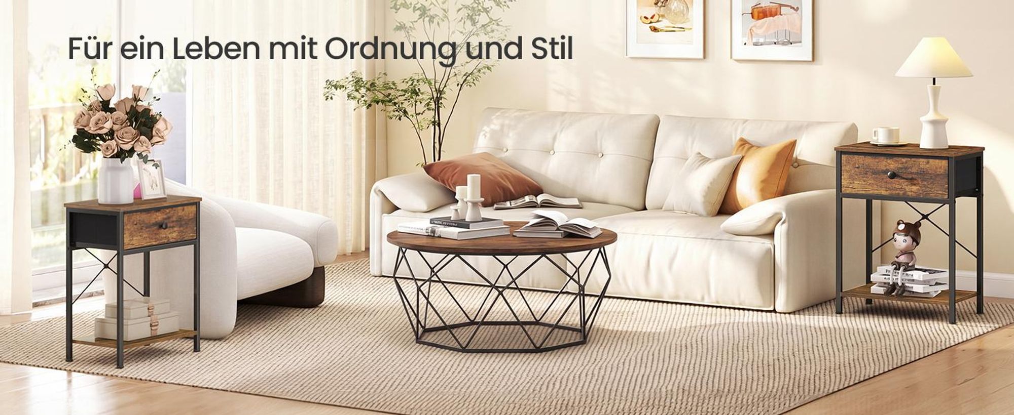 SONGMICS Bestelltisch mit Schublade, Nachtschrank mit Ablage, Nachttisch für Wohnzimmer, Schlafzimmer, Holz, braun