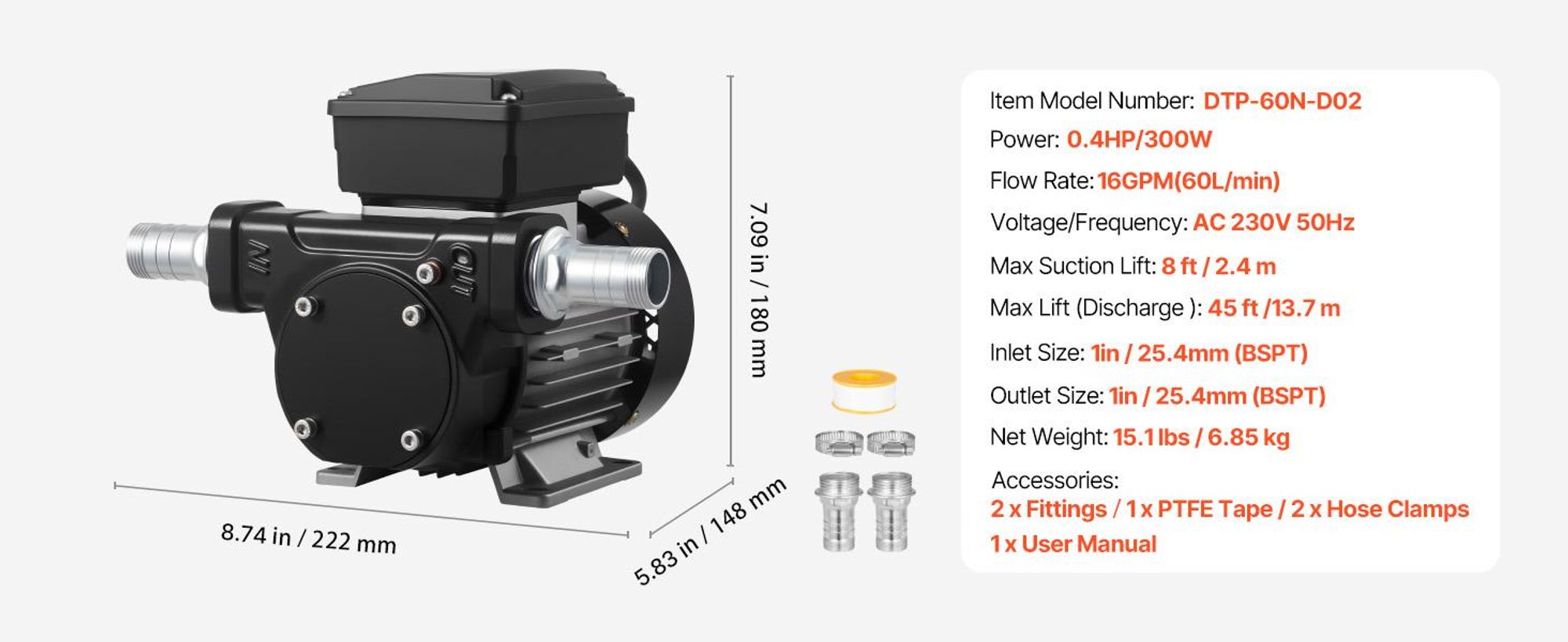 VEVOR Kraftstofftransferpumpe, 230V AC, elektrische Diesel-Transferpumpe, 60 L/min, maximale Saughöhe 2,4 m, maximale Förderhöhe 13,7 m, für Kerosin, Biodiesel, landwirtschaftliche Maschinen
