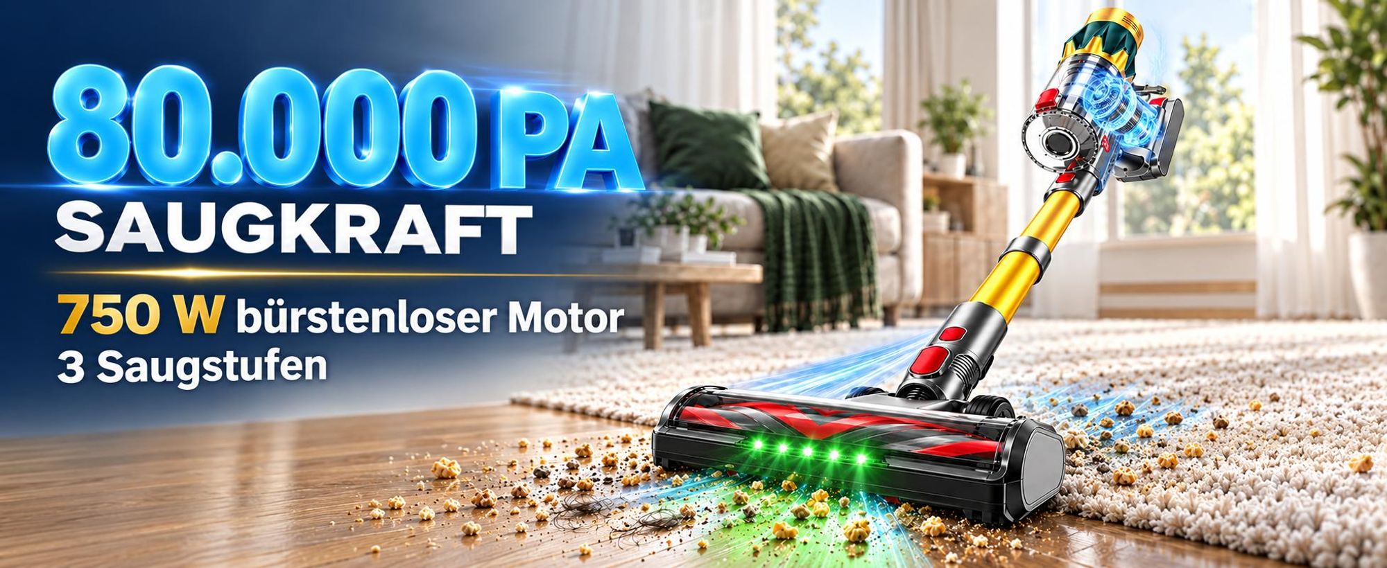 80000Pa Akku-Staubsauger 750W/80 Min., kabelloser Hand- und Stielstaubsauger, ultraleise, Smart-Display, leicht, Anti-Verwicklung für Tierhaare & Auto