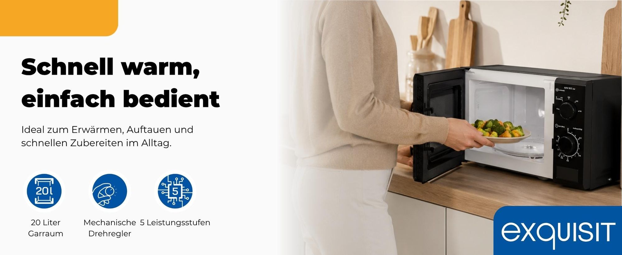 Exquisit Mikrowelle MW 802 sw | 20 l Nutzinhalt | Mit Timer | Auftaufunktion | 5 Leistungsstufen | 25,5cm Ø Drehteller