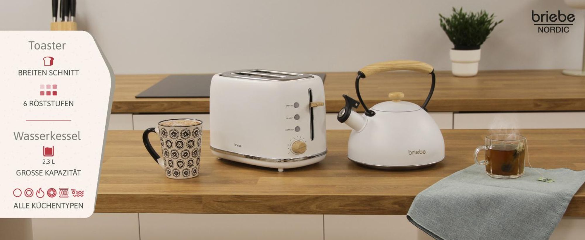 Briebe SKT1167WHT Nordic Set Toaster 2 Scheiben Breite Schlitze + Wasserkocher 1,7L Elektrischer Weiß