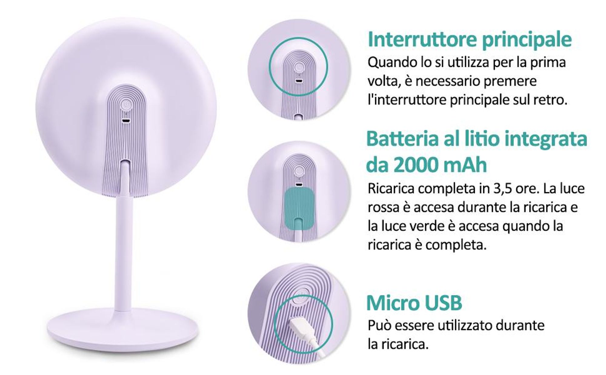 Specchio LED EMKE con 3 colori di luce, ingrandimento 1/3x, interruttore a sfioramento e funzione di memoria, lente d'ingrandimento per specchio da bagno (viola)