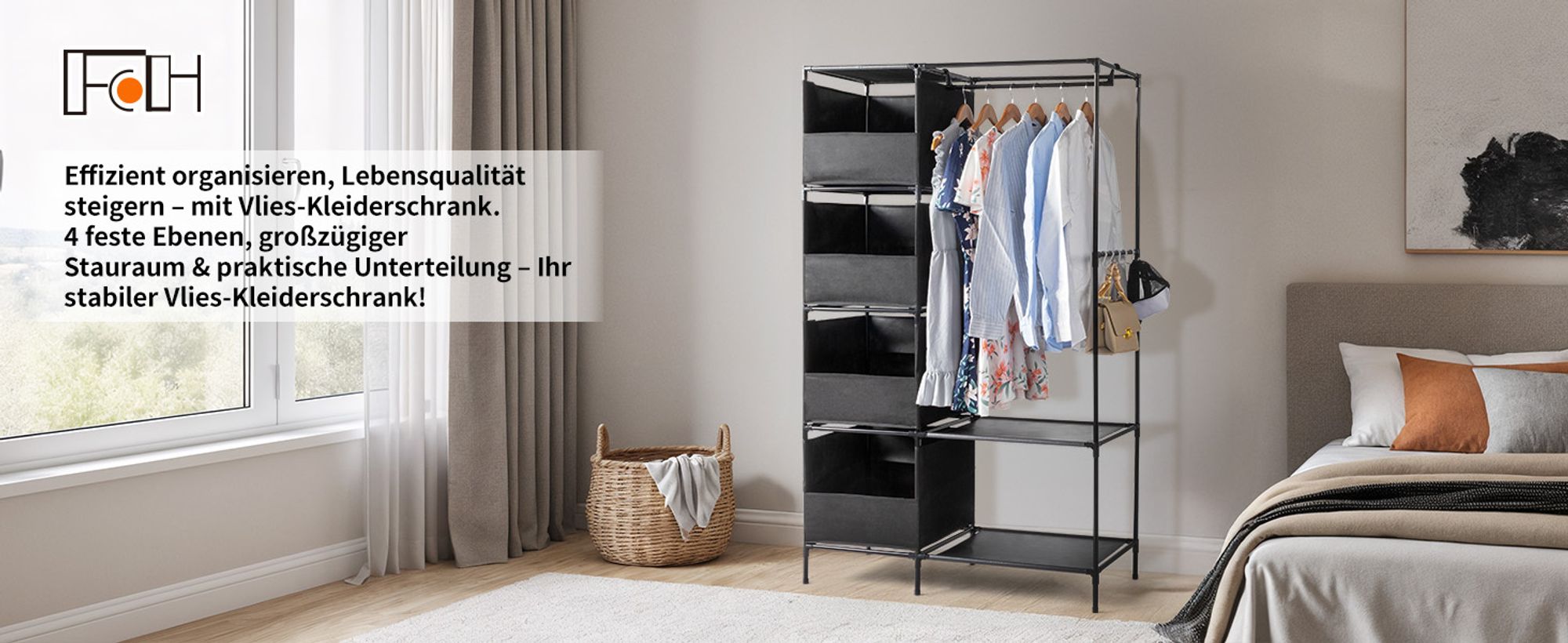 Stoffschrank Kleiderschrank, Kleiderstange und Ablagen，4-layer Doppelreihe, hochbeinig, 105*45*170cm，Schwarz