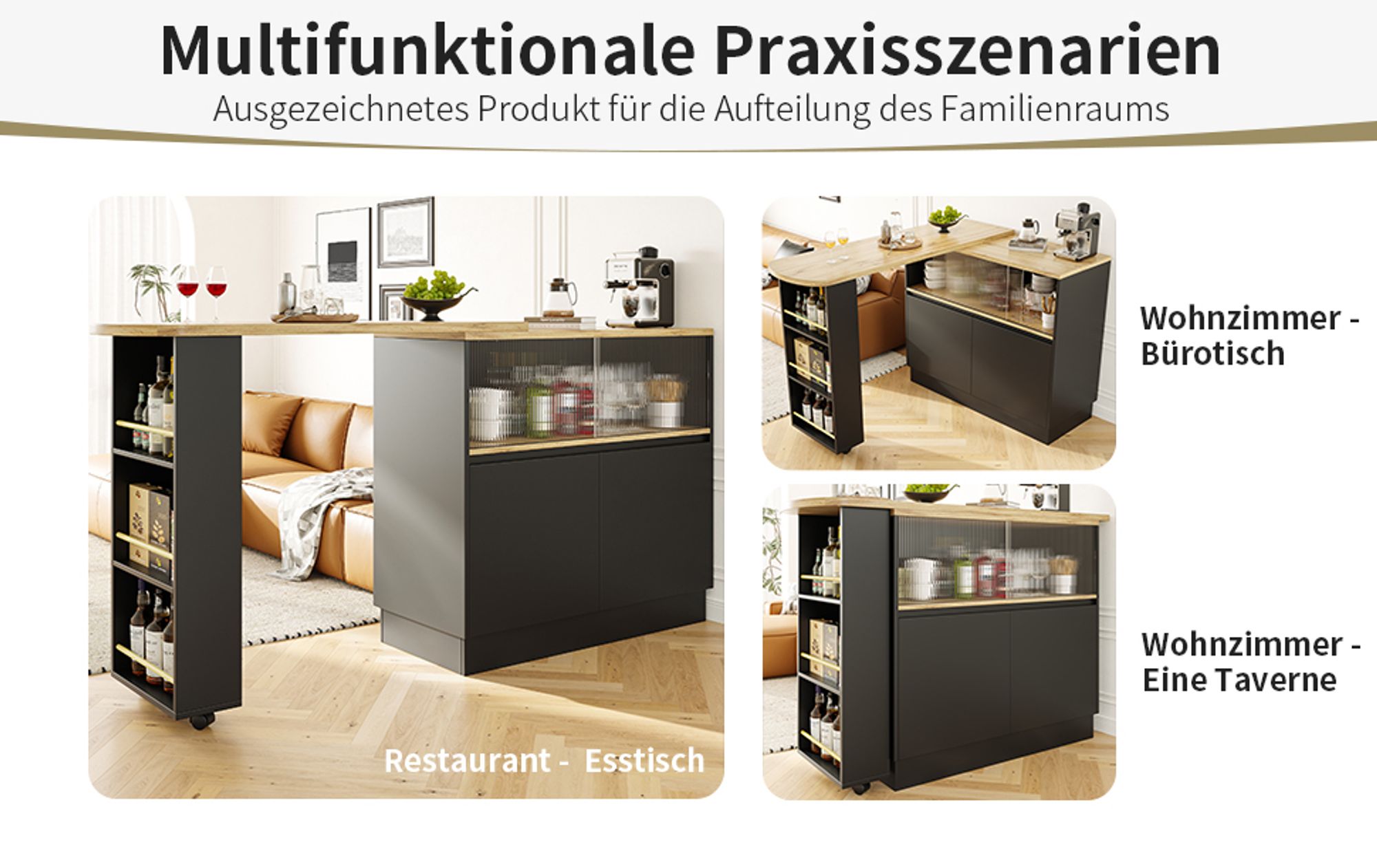 Flieks Esstisch Bartisch 360°drehbar, Küchentisch Esszimmertisch ausziehbar, Kaffeebar mit Schrank, Stehtisch Sideboard mit Glasschiebetür, Schwarz