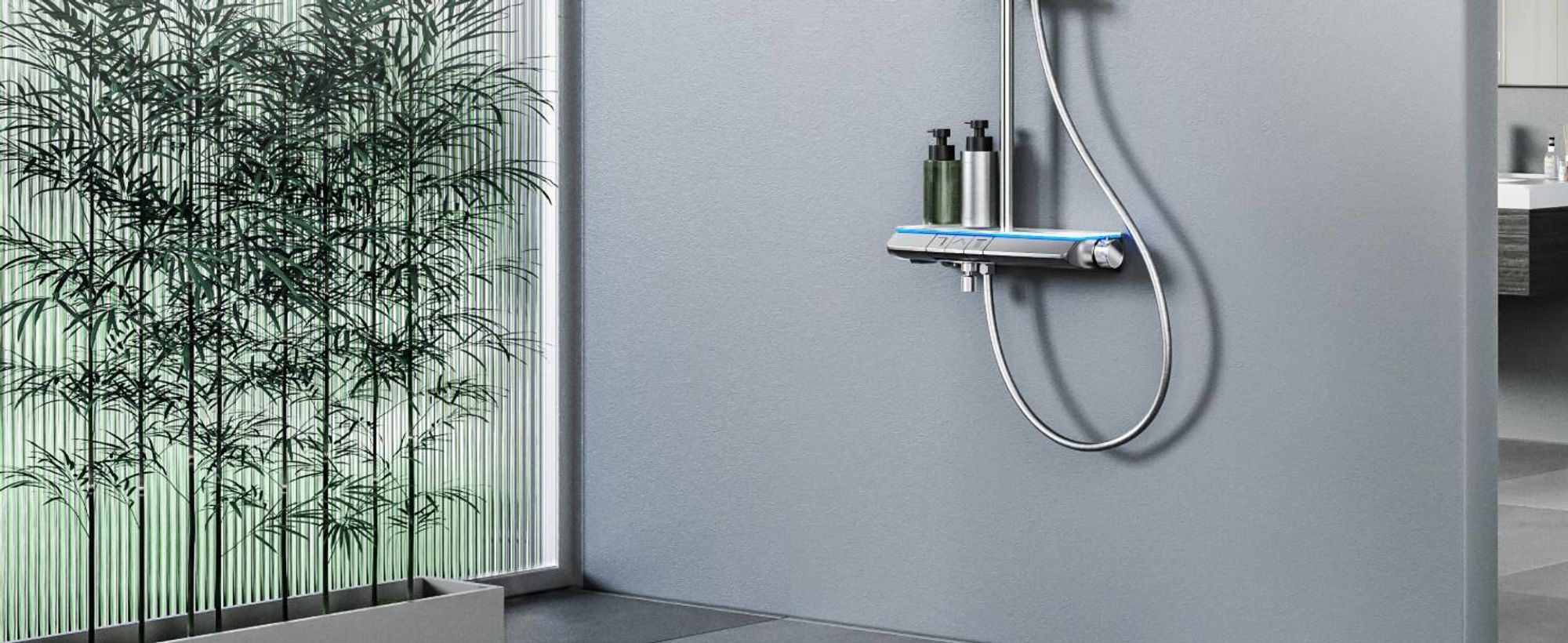 EMKE® Sistema doccia con termostatico cromo con illuminazione ambientale a LED blu, display digitale, doccia a pioggia 250 mm, bocca da bagno e ripiano in vetro F25