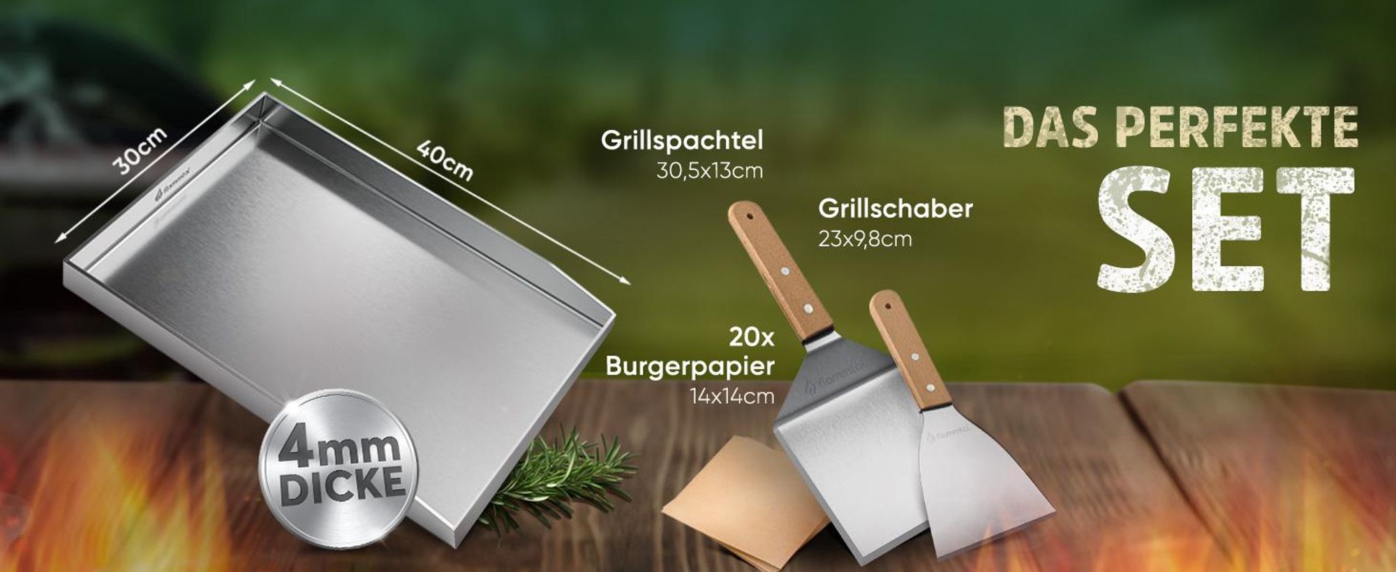 Flammtal [Das Original] – Grillplatte aus 4mm rostfreiem Edelstahl [40x30cm] – Plancha Grillplatte mit Grillspachtel Set & Burgerpapier (geschlossen)