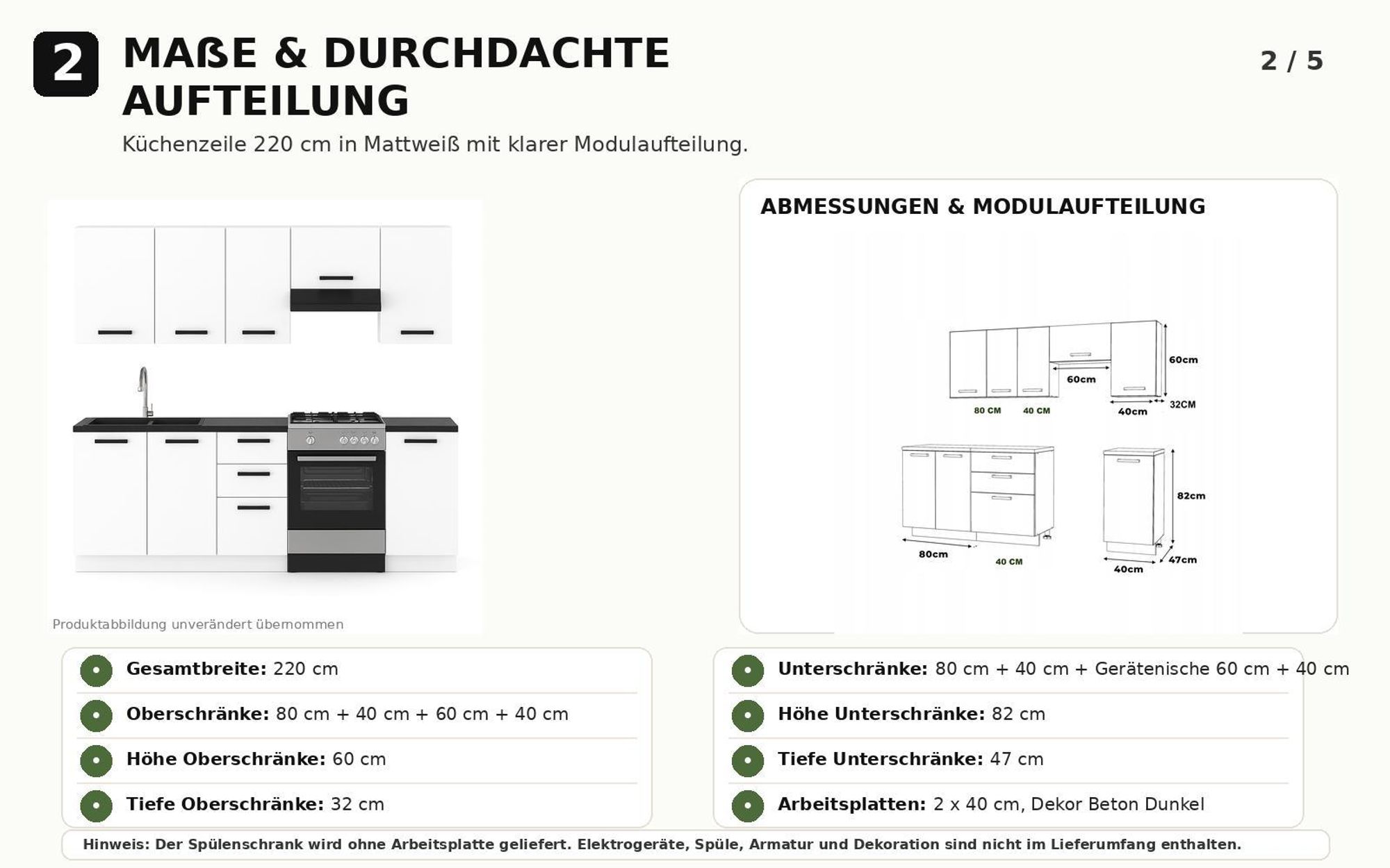 Maßübersicht der 220 cm Küchenzeile mit Ober-, Unter- und Geräteschränken.