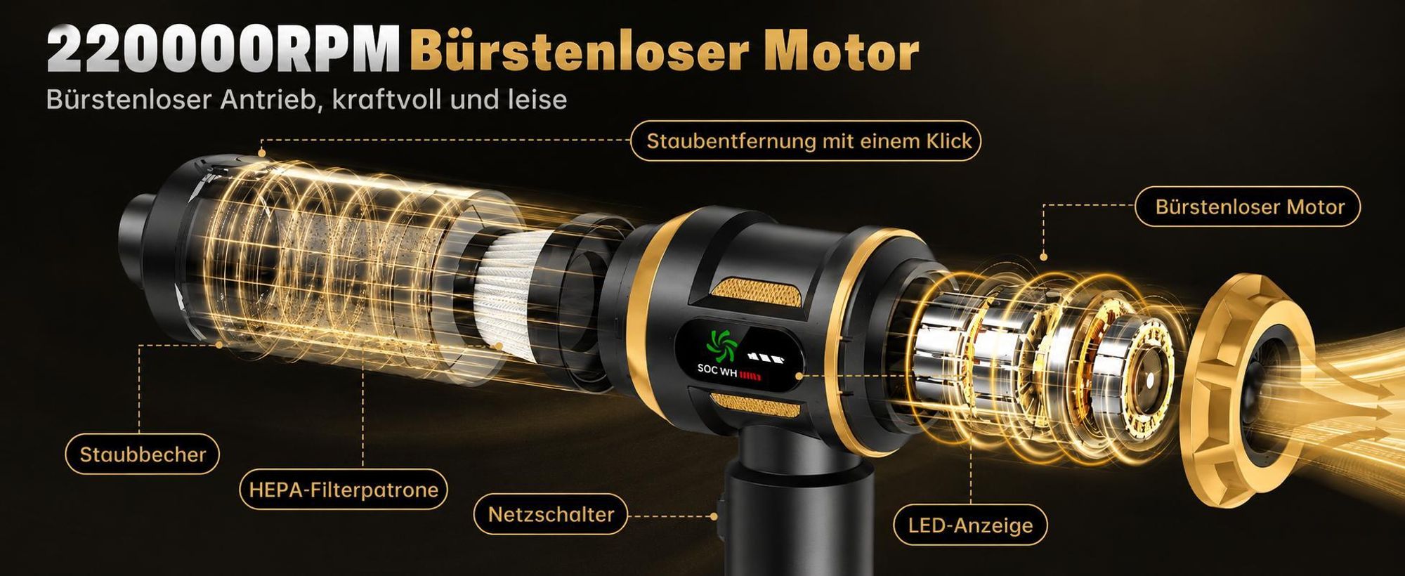 Handstaubsauger, 27000Pa/120W Akku staubsauger,mit Bürstenloser Motor, Beutelloser Mini Auto Kabellos Staubsauger für Auto, Büro Genutzt, Haus, Küche