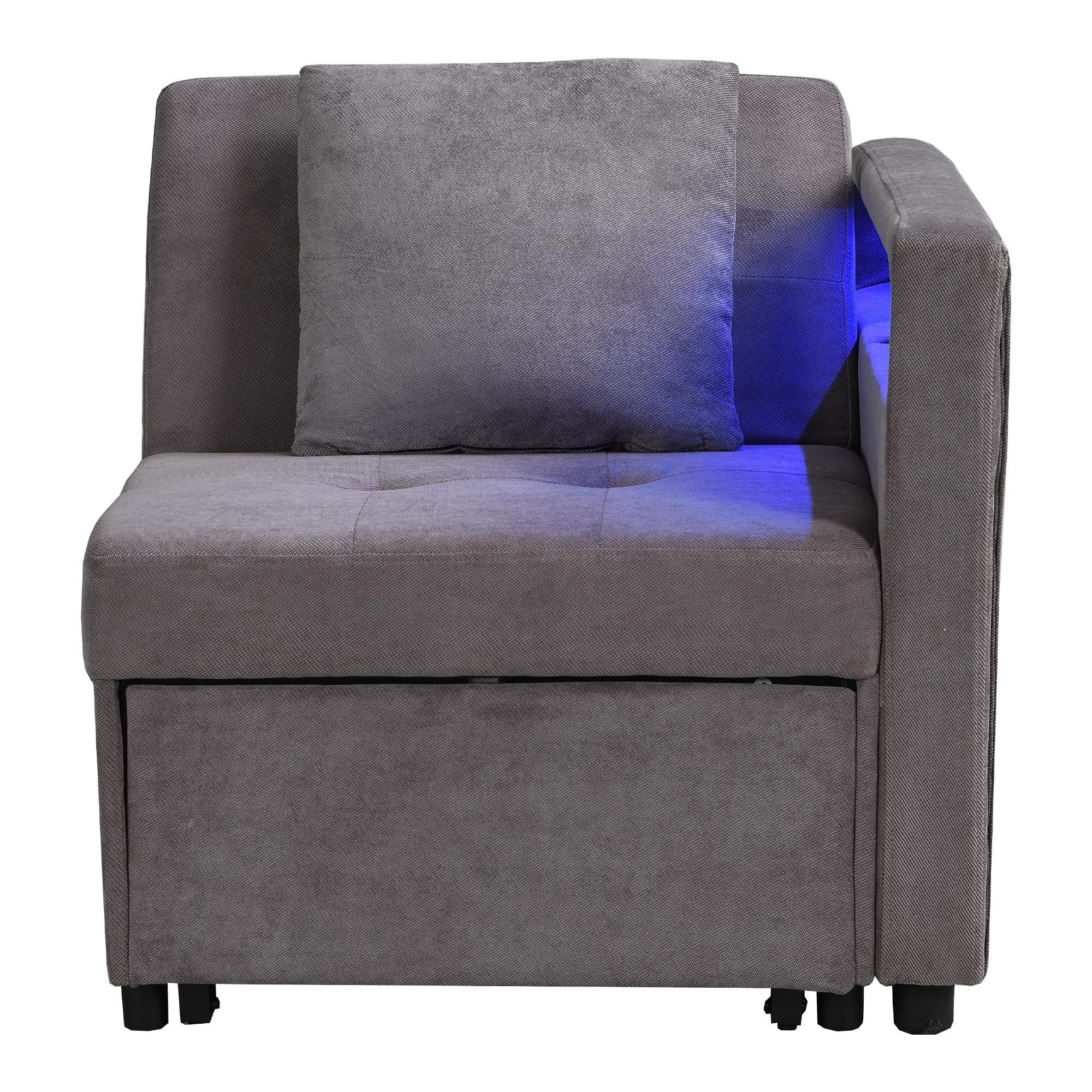 Flieks Schlafsofa mit Ladefunktion und Led, Polstersofa Sessel mit Kissen und Verstellbare Rückenlehne, Tagesbett Daybed, Leinen, Grau