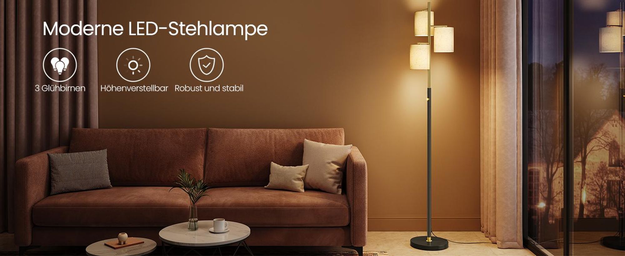VASAGLE Stehleuchte, Standleuchte, Stehlampe mit 3 Glühbirnen, verstellbare Helligkeit, modern, Lampenschirm aus Stoff