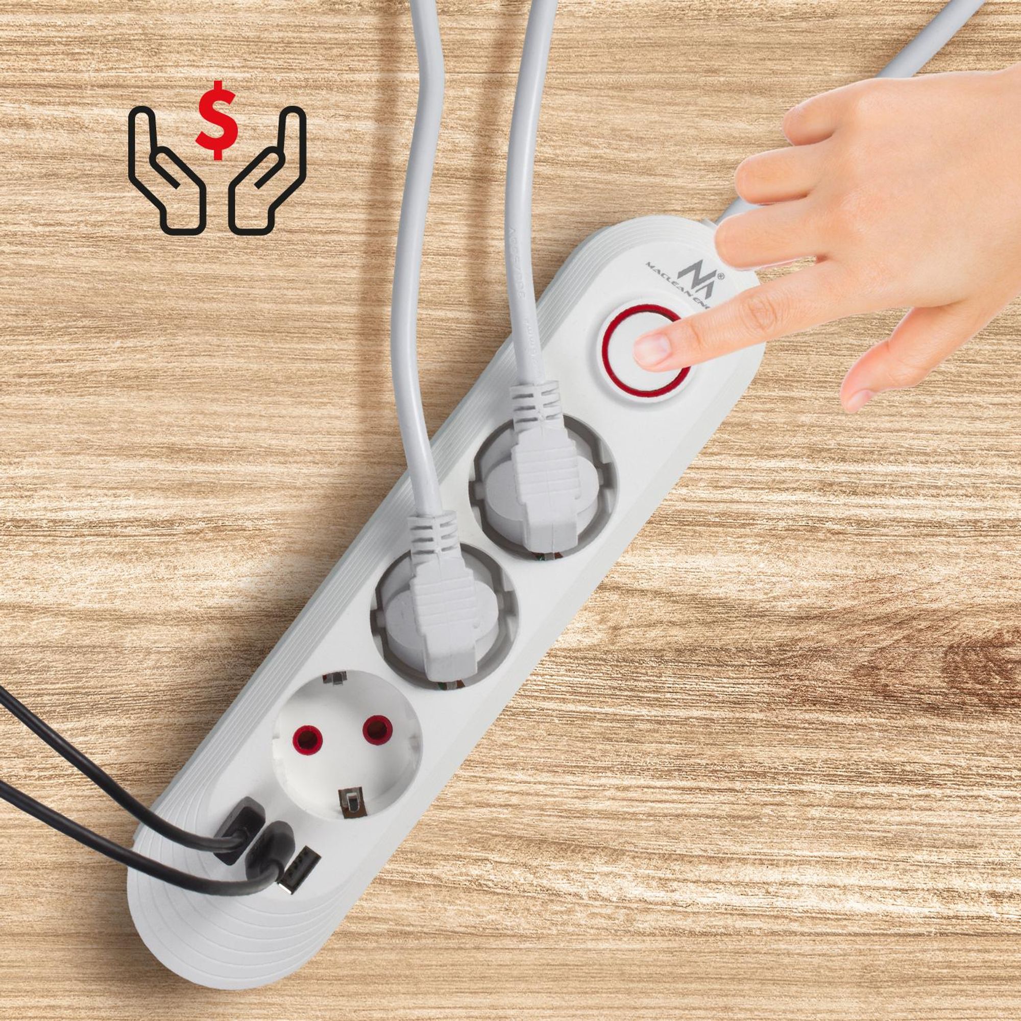 Maclean Steckdosenleiste 3-Steckdosen-Verlängerungskabel + 3xUSB 110-240V AC 50/60Hz 2,1A max 2500W 1,5m weiß MCE394 W