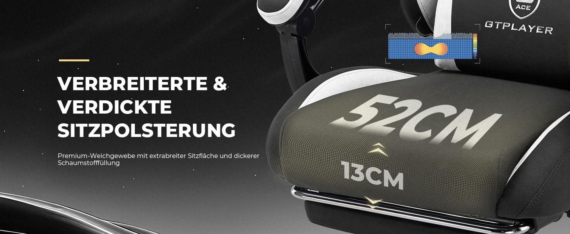 GTPLAYER Gaming Stuhl, Ergonomischer Gamer Stuhl aus Stoff mit Lendenwirbelstütze, PC-Stuhl mit verbreiterter Rückenlehne, Belastbar bis 150 kg, BLK
