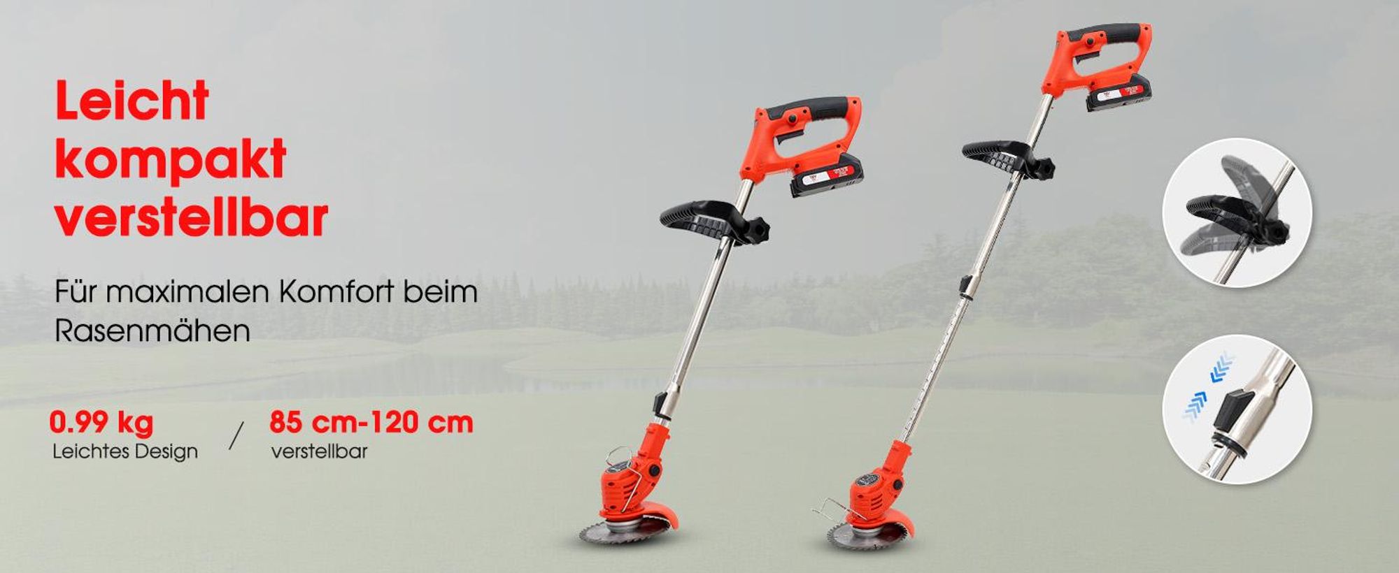 Akku Rasentrimmer, Handgeführte Rasenmäher mit3000mAh Akkus und 4 Messern, Handgeführter Akku-Rasenmäher 21V 2*1.5Ah Akkus, verstellbar