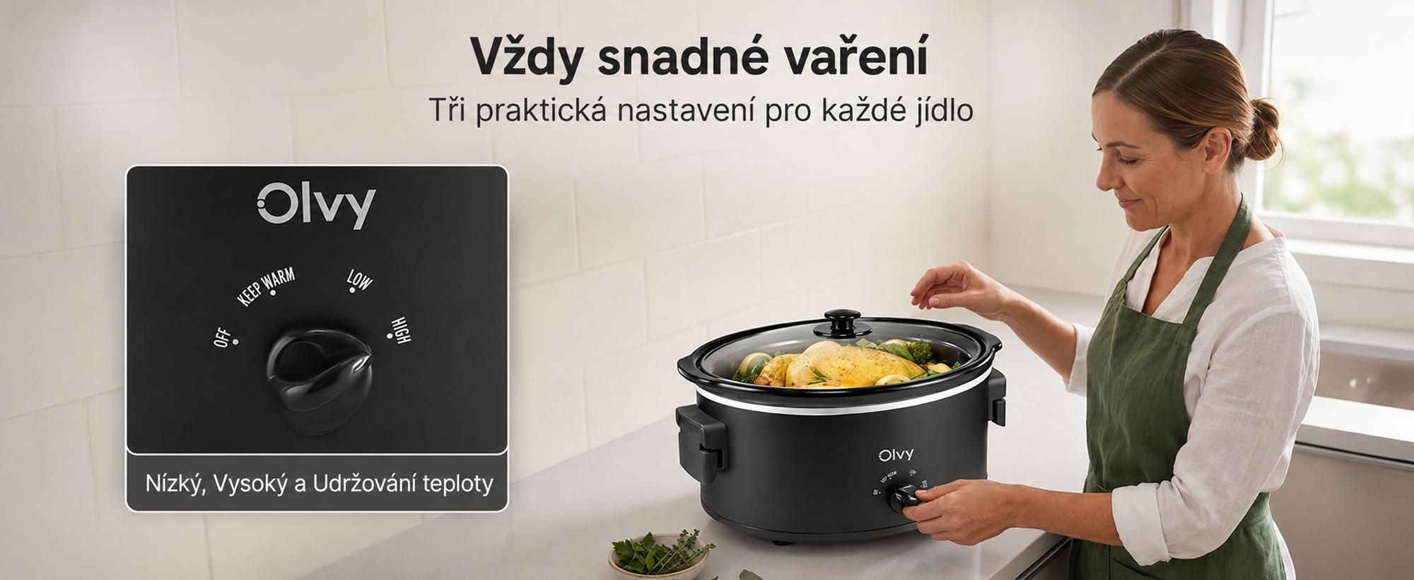 Pomalý vařič Olvy 6 l – keramická vnitřní nádoba – včetně kuchařky – funkce udržování teploty