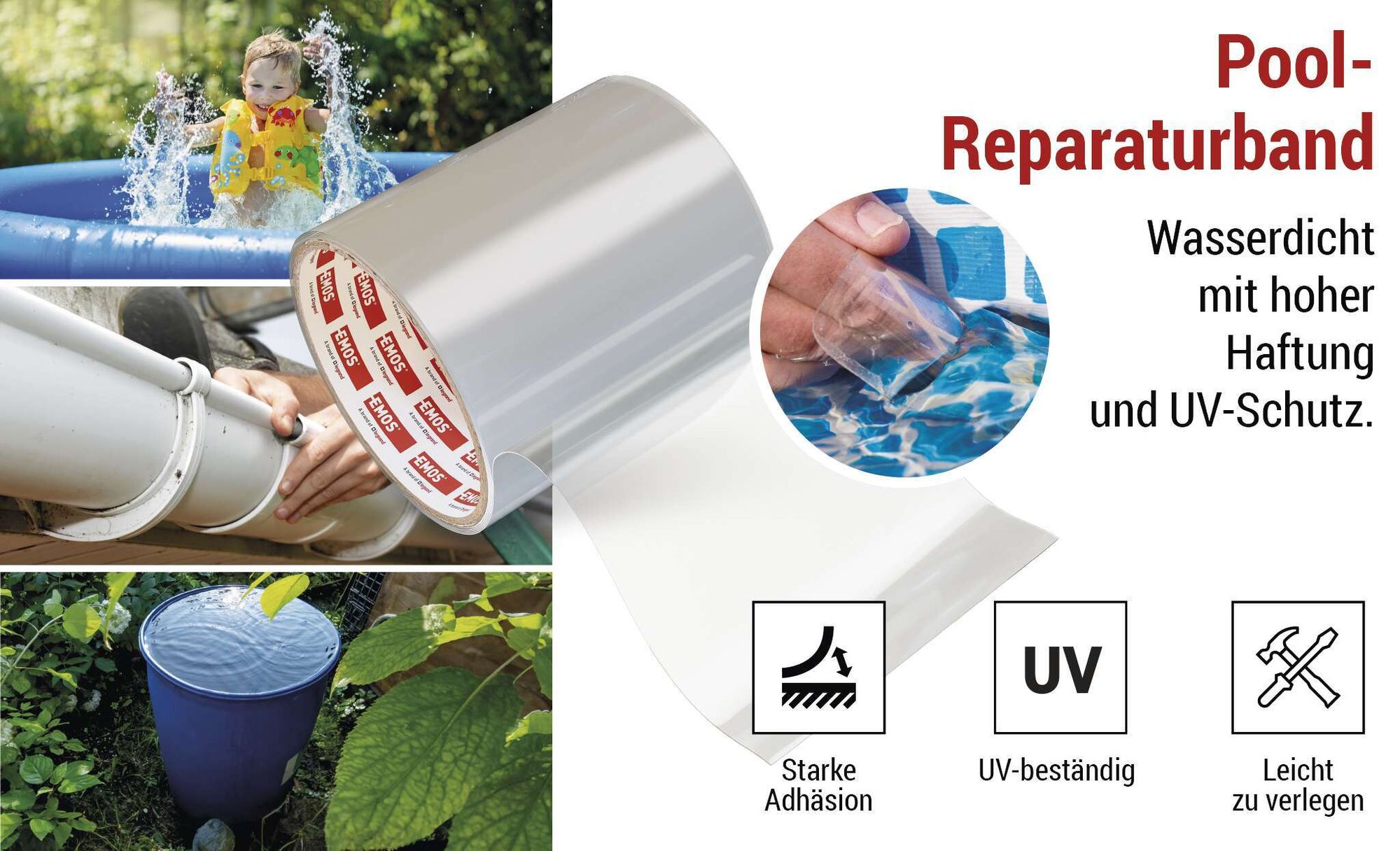 EMOS Pool-Reparaturband, transparentes Flickband 10 cm x 100 cm, für den Unterwassereinsatz geeignet, sehr stark haftend zum Abdichten, F6100