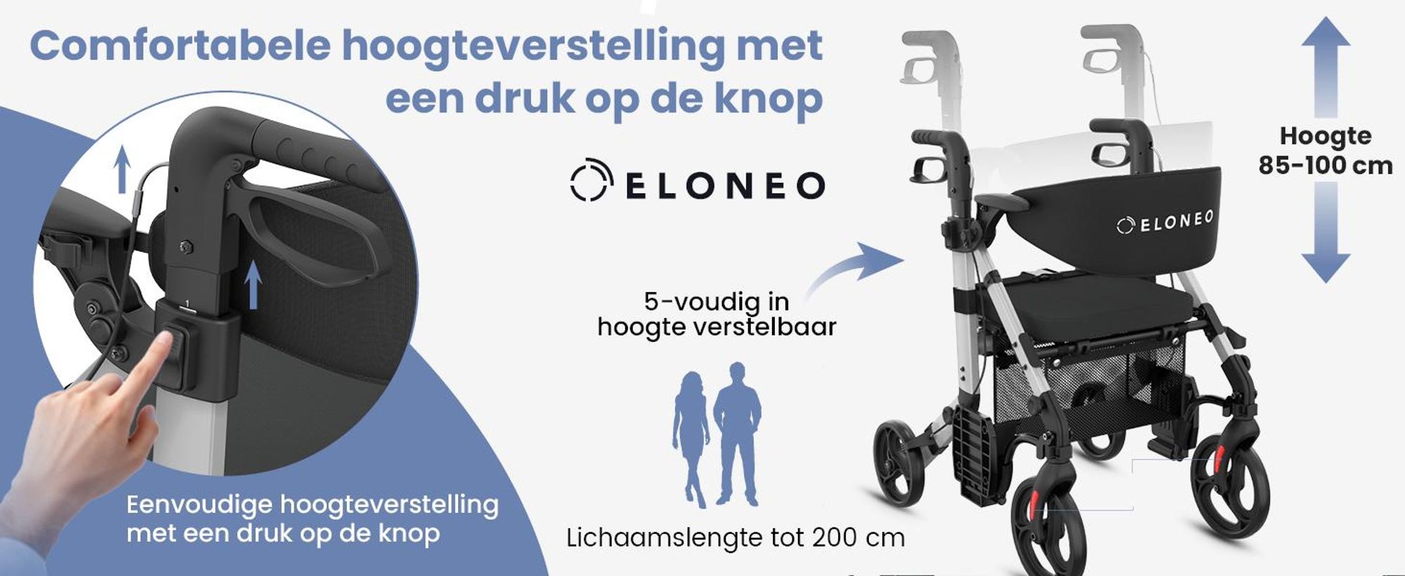 ELONEO 2-in-1 rolstoel/rolator, opvouwbaar en lichtgewicht met zitplaats, outdoor rolstoel/rolator, opvouwbaar, aluminium loophulpmiddel voor senioren - zilver
