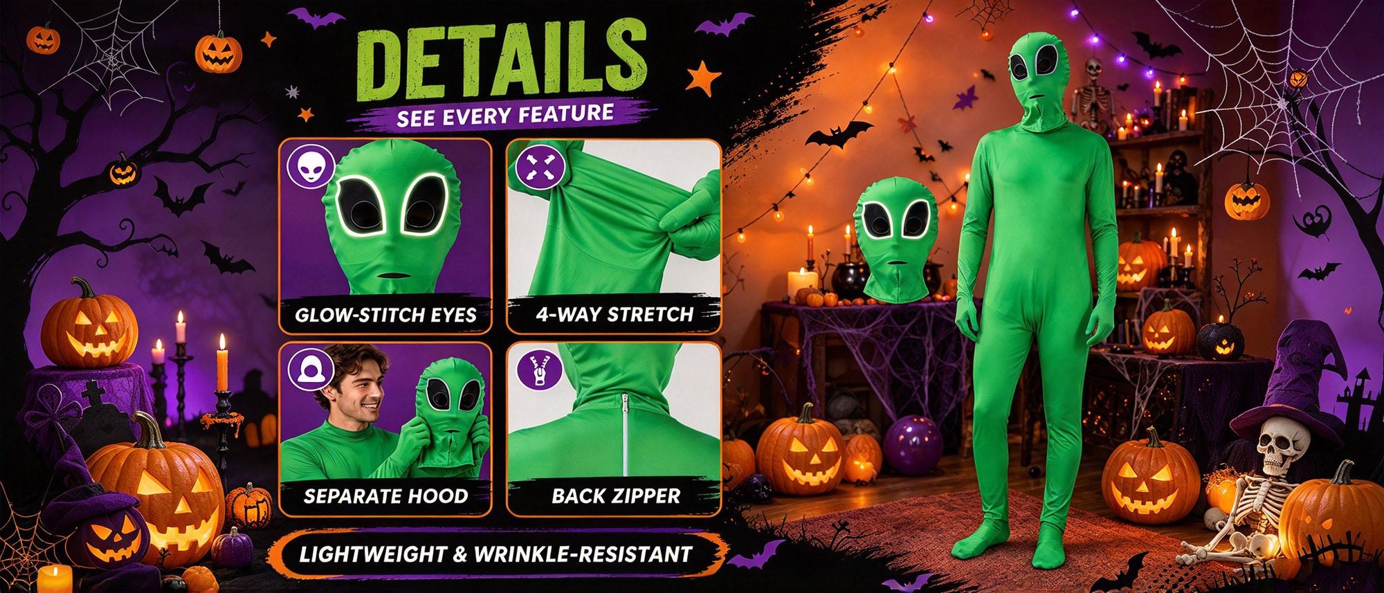 Juksun Alien Kostüm Jumpsuit für Erwachsene grün Größe L 180cm mit Kapuze für Halloween Karneval Rollenspiel