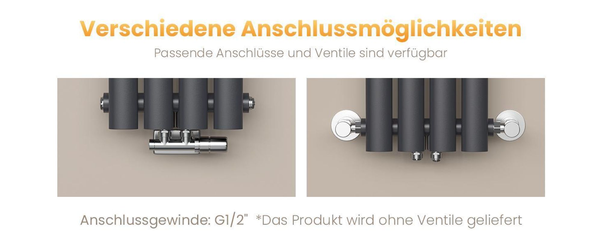 EMKE Design-Röhrenheizkörper für Warmwasserbetrieb Mittelanschluss Vertikal Oval Einlagig 266 Watt 24cm x 90cm Anthrazit ohne Heizstab