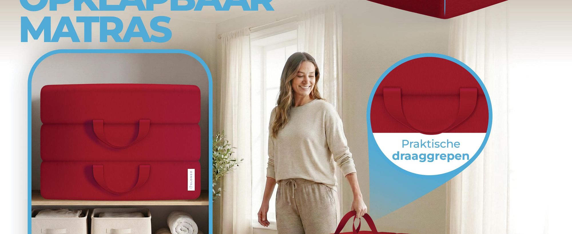 ELONEO Opklapbare matrassen, gastenmatrassen, 3-delige opvouwbare matrassen, extra dik schuim (15 cm), geschikt voor mensen met rugproblemen, opvouwbaar, (rood)