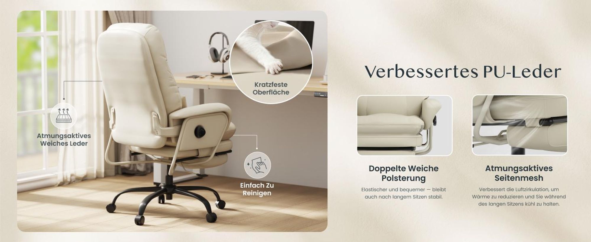 FLEXISPOT 3-in-1 Ergonomischer Bürostuhl mit 165° Liegefunktion, Ausziehbarer Fußstütze, Dickem Komfortpolster und Höhenverstellung (Beige)