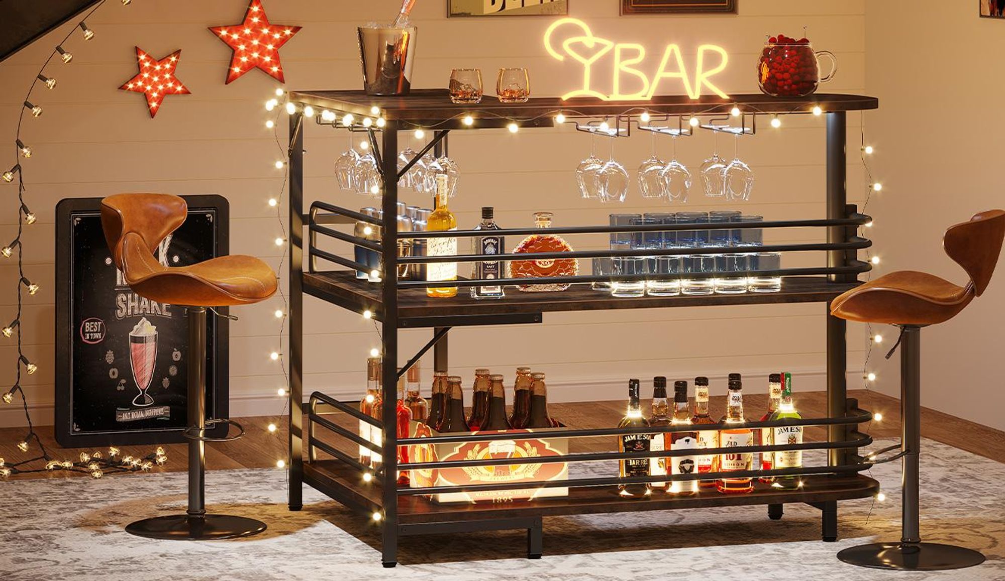 Tribesigns L-förmige Bartisch, 3 Tier Liquor Bistrotisch mit Regal Weinregal und Weingläser Halter, Industrielle Eck-Küchentisch, für Wohnzimmer,Küche