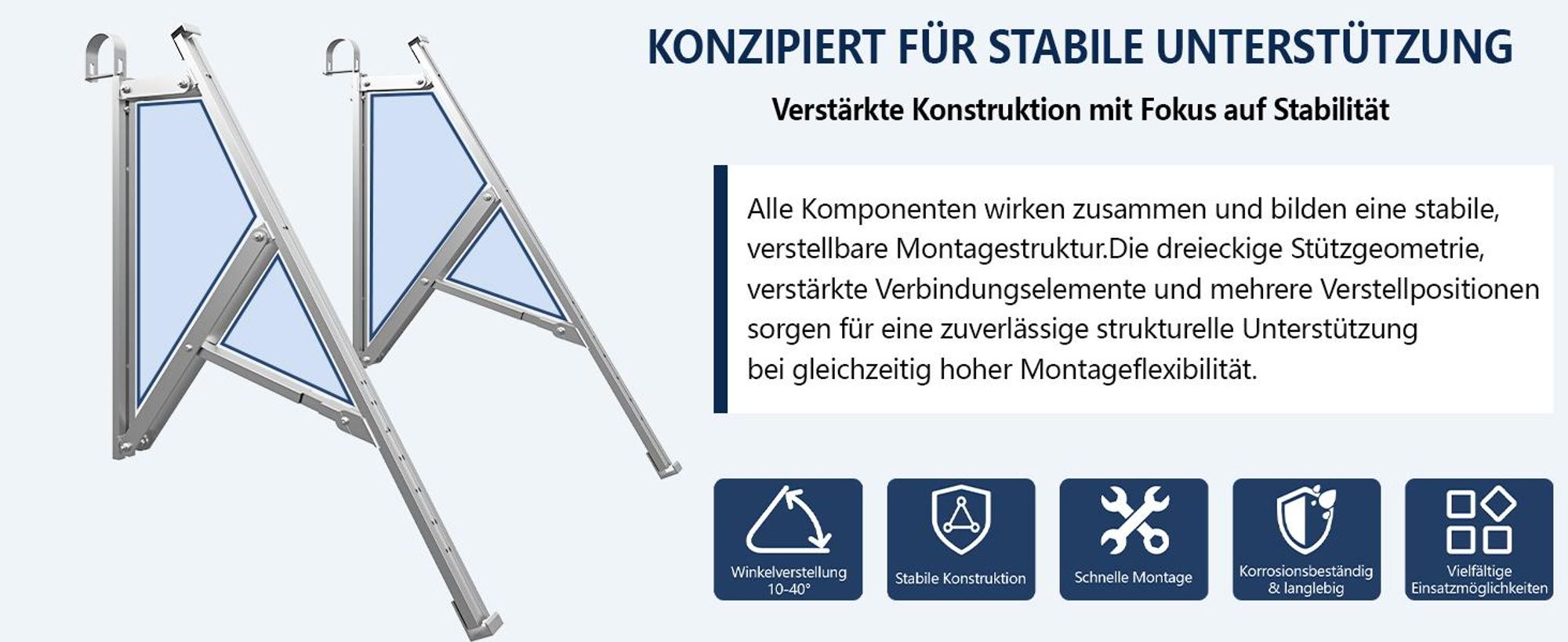 Schwerlast Balkonkraftwerk Halterung für 1 Solarmodul 400–600 W, bis 1134 mm, 10°–40° verstellbar, Aluminium, für Balkon, Flachdach & Wand