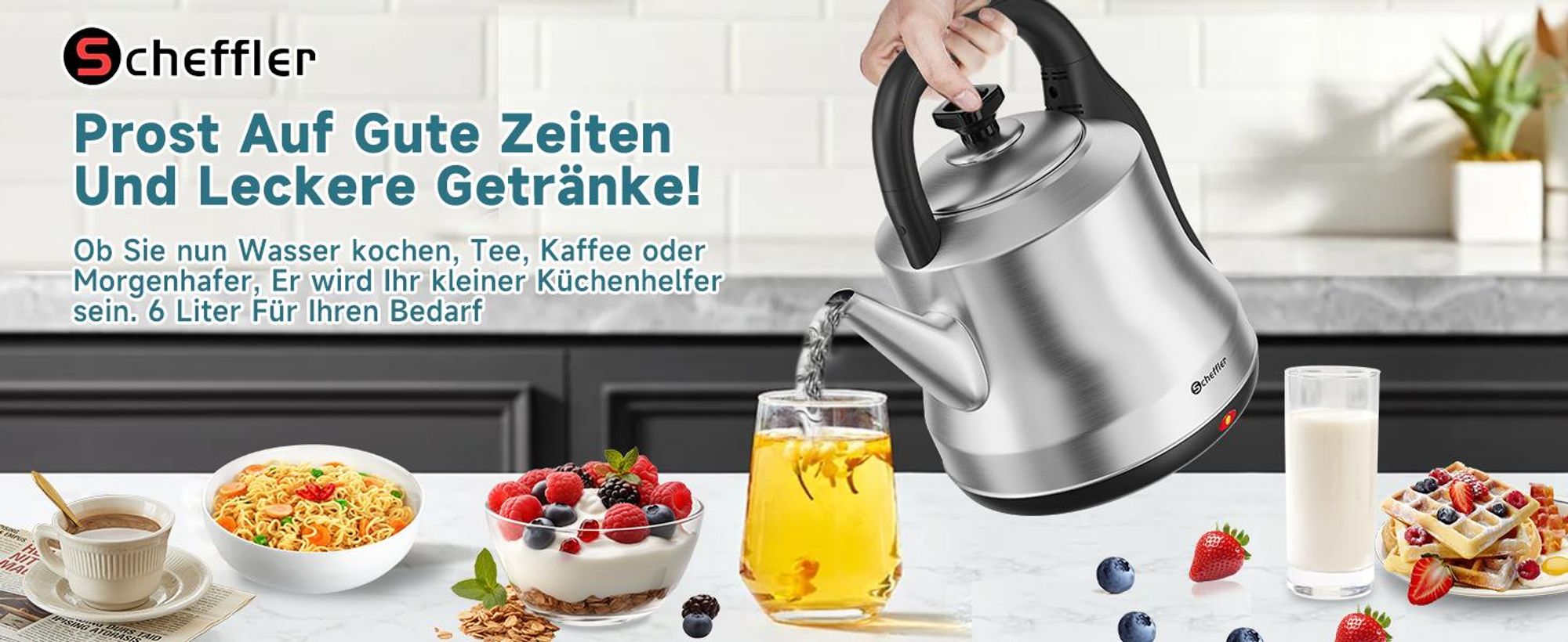 SCHEFFLER Wasserkocher Edelstahl 6Liter Teekocher Elektrischer Trockengehschutz Schnellkochfunktion Perfect-pour-Ausgustülle Fester Filter BPA-frei