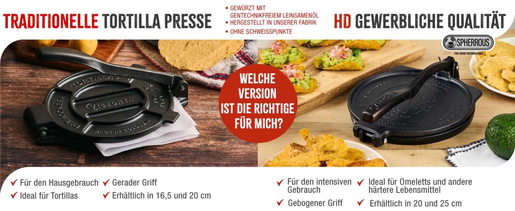 Victoria 34214 Tortilla Presse für Mexikanische Tortillas, Gusseisen HD 20 cm, Pataconera Schwarz