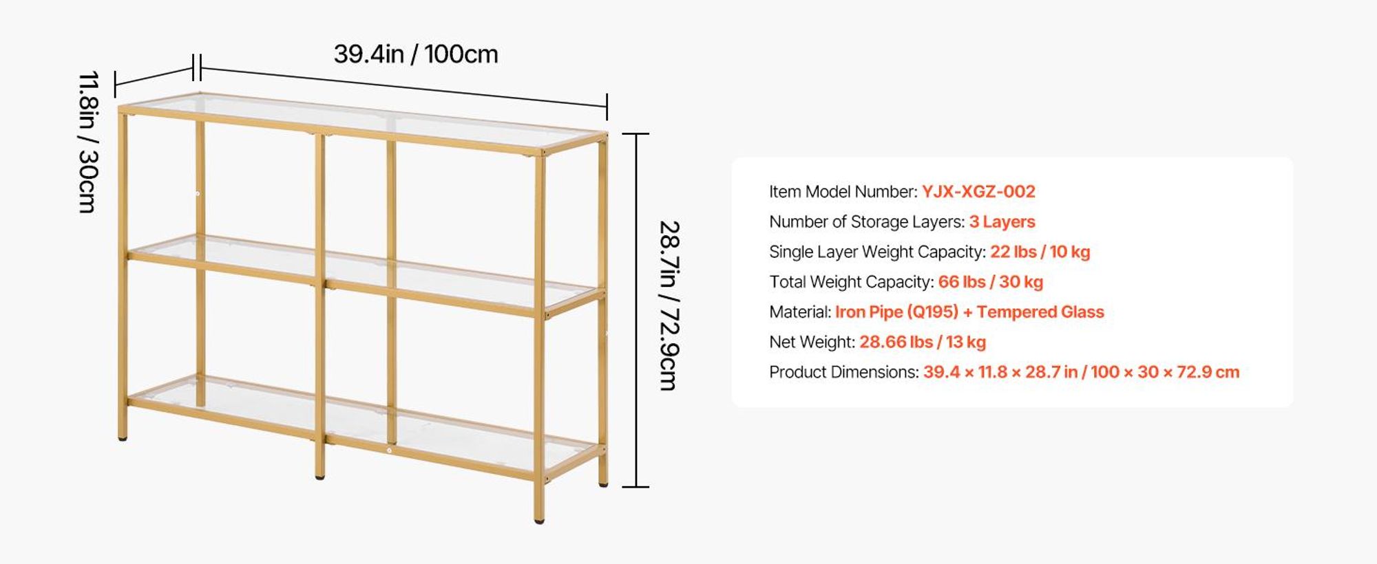 VEVOR 3-stufiger Konsolentisch moderner rechteckiger Flurtisch (100 x 30 x 72,9 cm) mit Platte aus gehärtetem Glas, Beistelltisch mit Kippschutz, für Wohnzimmer Flur Eingangsbereich Foyer Golden