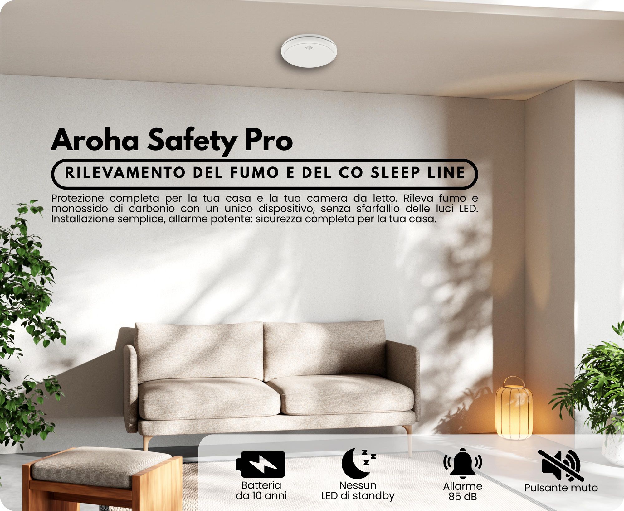 Aroha Safety Pro Rilevatore Di Fumo E Monossido Di Carbonio - Batteria Da 10 Anni - Allarme Antincendio & Monossido Di Carbonio Sleep Line