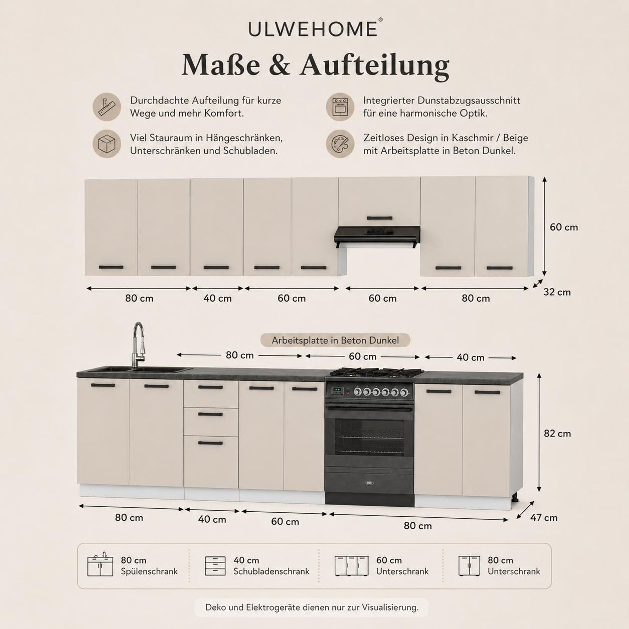 Küchenzeile 320 cm Kaschmir Beige: Maße, Hängeschränke & Unterschränke
