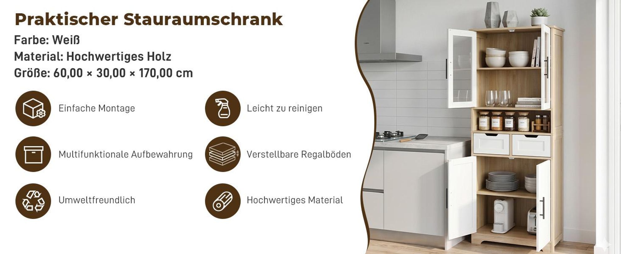 FCH Küchenunterschränke,Vorratsschrank, mit 4 Türen und 2 Schubladen,60 x 30 x 170cm, Weiß + Eichenoptik