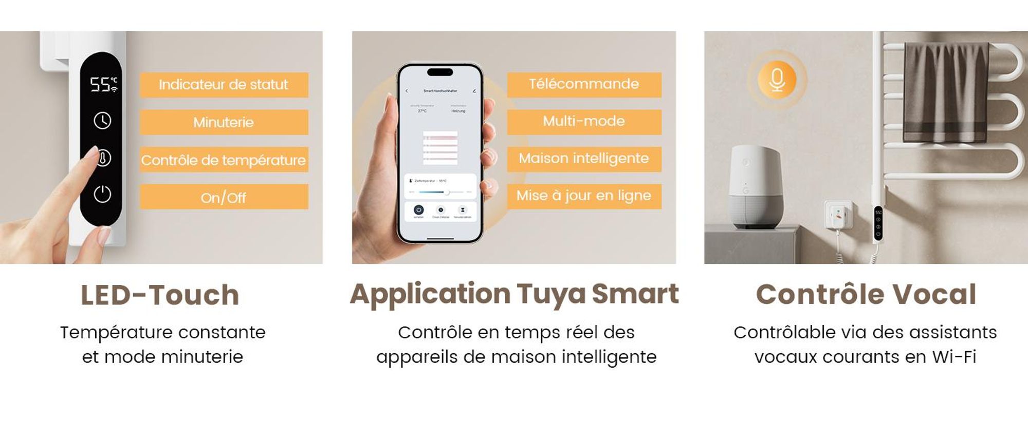 EMKE Chauffe-serviettes Électrique 780 x 430 x 90mm 130W pivotant Tube en U Intelligent Touch LCD Tuya Alexa Radiateur de salle de bains blanc