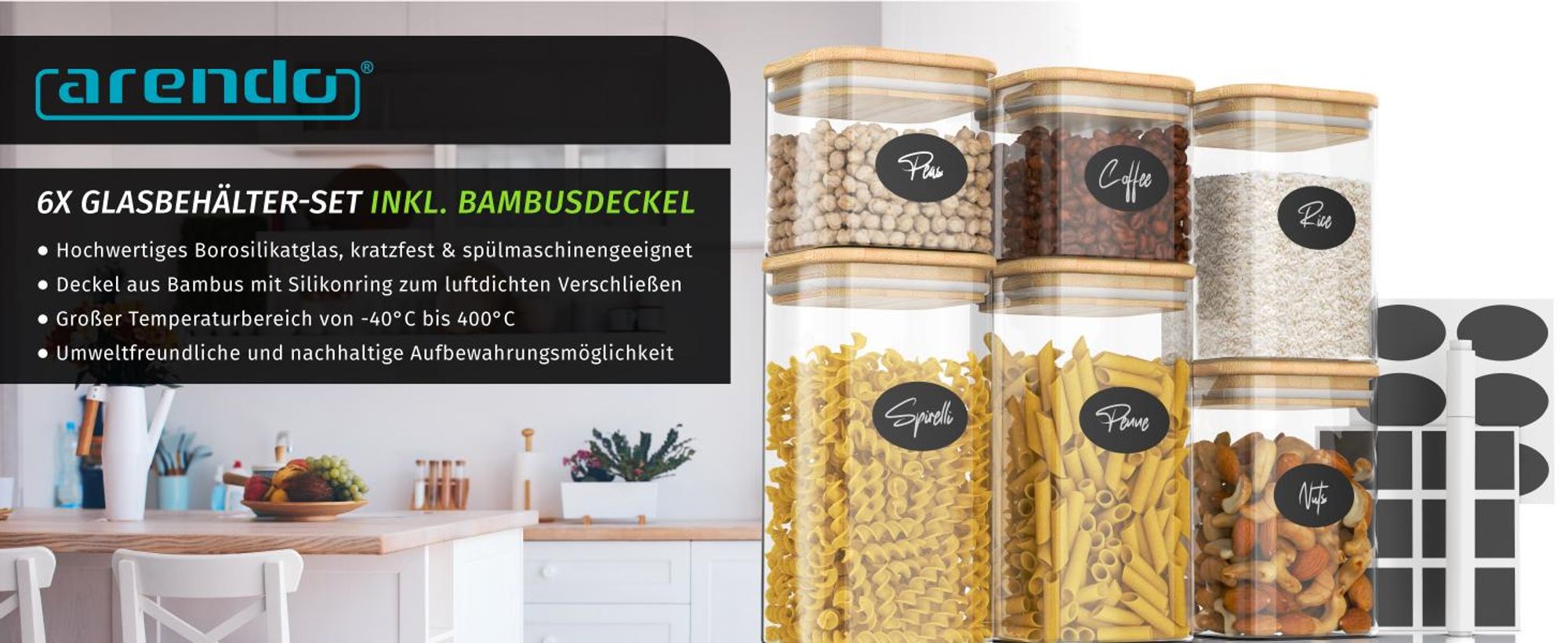 Arendo Vorratsgläser, Glasbehälter Set 1L, 1,5L, 2L Borosilikat quadratisch mit Bambusdeckel, 6er Set, luftdicht, hitze & kältebeständig, Mikrowellen & spülmaschinengeeignet