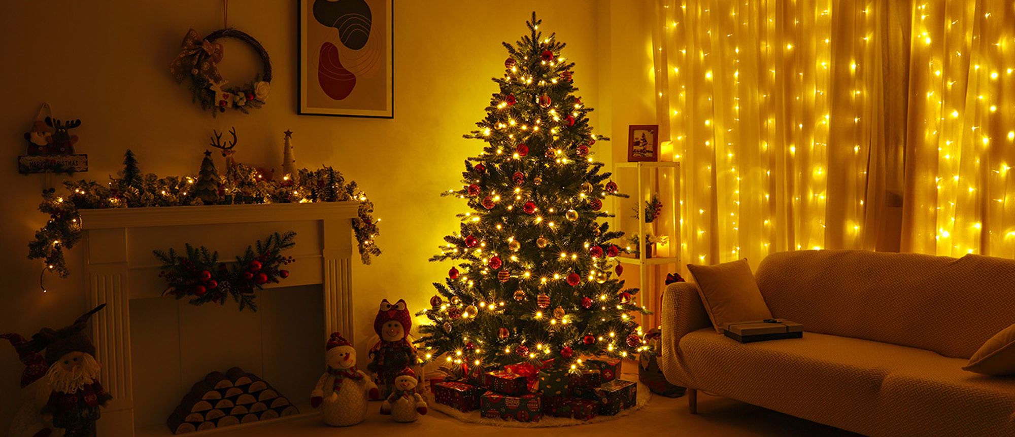 Yorbay künstlicher Weihnachtsbaum Nordmanntanne mit Beleuchtung LED Tannenbaum mit Holzständer für Weihnachten-Dekoration, aus PE und PVC, Mehrweg (210cm)