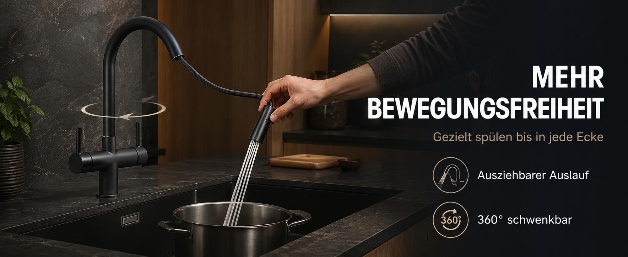 Ari Slender 3-Wege Küchenarmatur Schwarz Matt Mit Ausziehbrause, Filterwasser-Auslauf, 360° Drehbar, Messingkörper, 2 Hebel