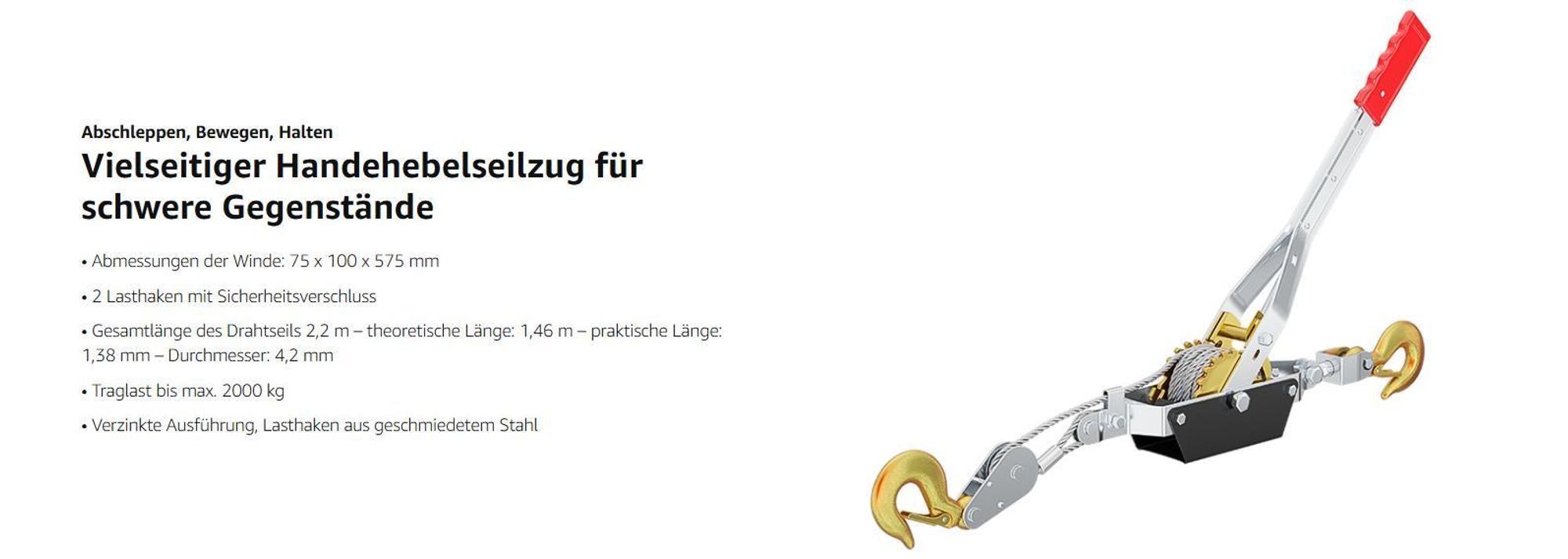 Wiltec Handseilzug mit 2,2 m Drahtseil bis 2000 kg, Flaschenzug mit 2 Haken, Seilwinde mit Sicherheitslasthaken, Handseilwinde mit 2 Getriebe
