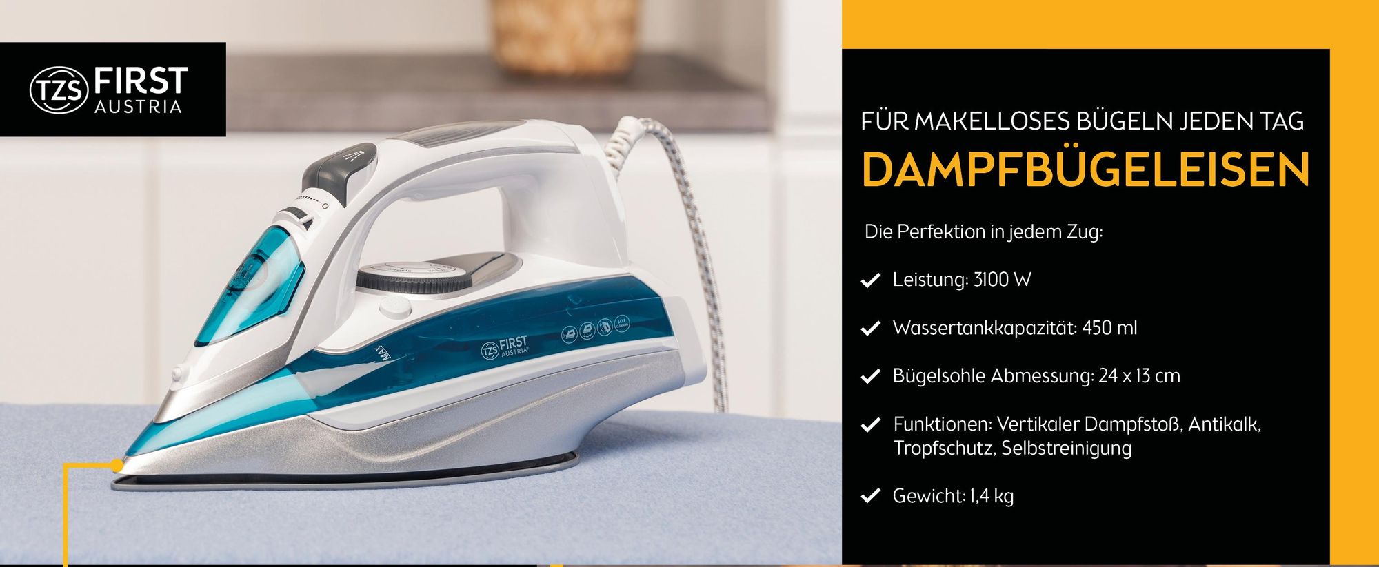 TZS First Austria - Dampfbügeleisen 3100 W - Keramiksohle - 93 Düsen, 25g/min Dampf - Vertikaldampf, Anti-Kalk & 450ml Wassertank - Grün