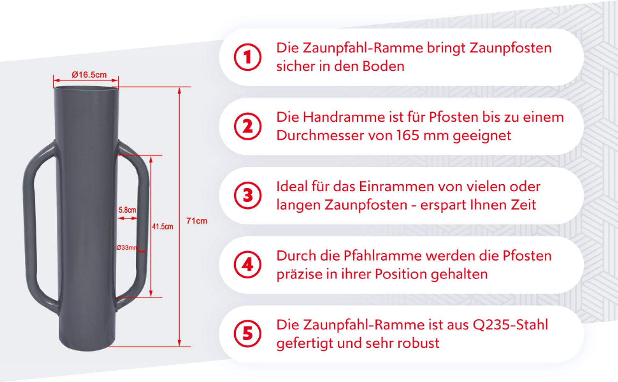 Wiltec Pfahlramme Ø 165 mm Handramme aus Stahl, Pfostenramme mit 2 Handgriffen, Zaunpfahlramme zum Einschlagen von Pfosten beim Zaunbau