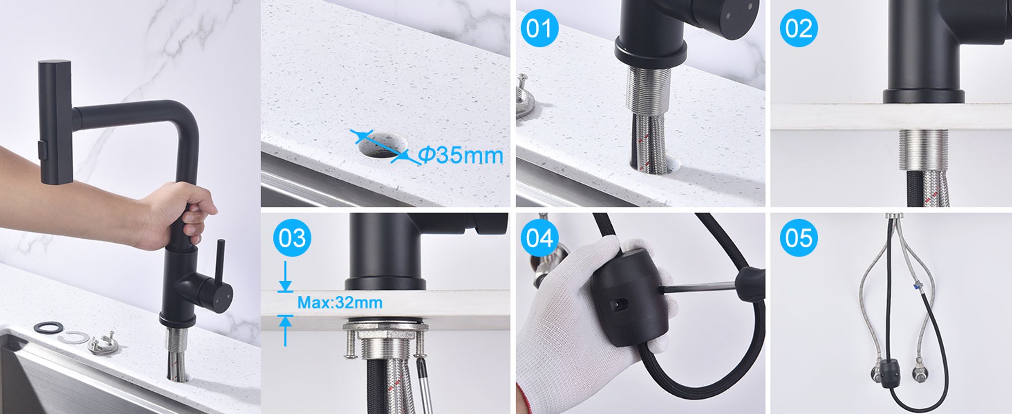 HOMELIVE Küchenarmatur Schwarz – 360° Schwenkbarer Wasserhahn Küche, Ausziehbare Spültischarmatur mit Brause, 3 Strahlarten für Flexibles Arbeiten