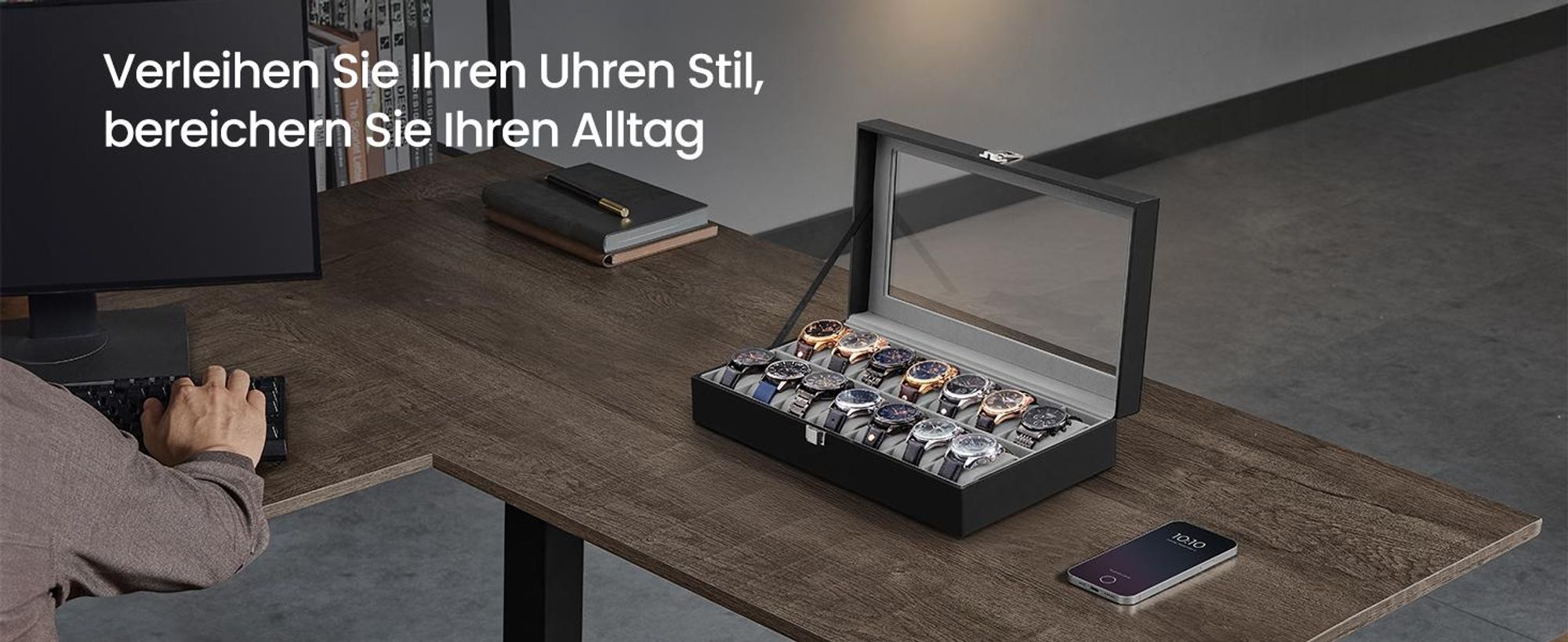 SONGMICS Uhrenbox für 14 Uhren mit Glasdeckel Kunstleder 34,8 x 20 x 7,5 cm Schwarz