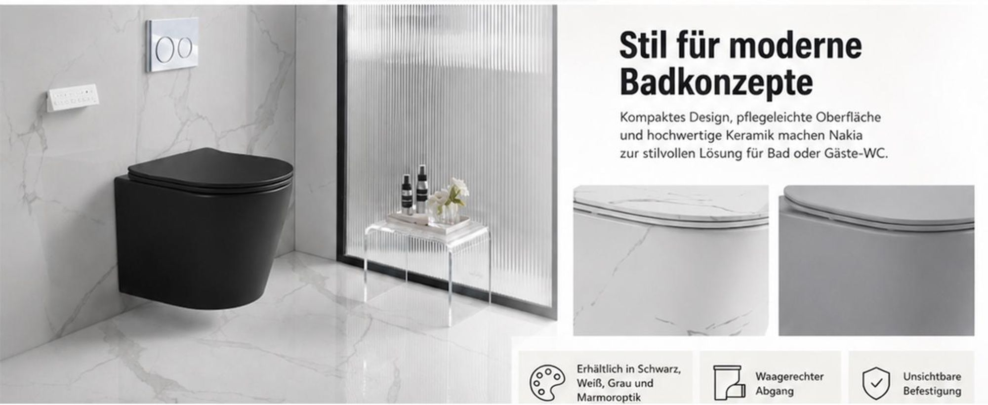 Wand-WC Set Nakia Tiefspüler ohne Spülrand kurz weiß marmoriert matt mit WC-Sitz 1280783