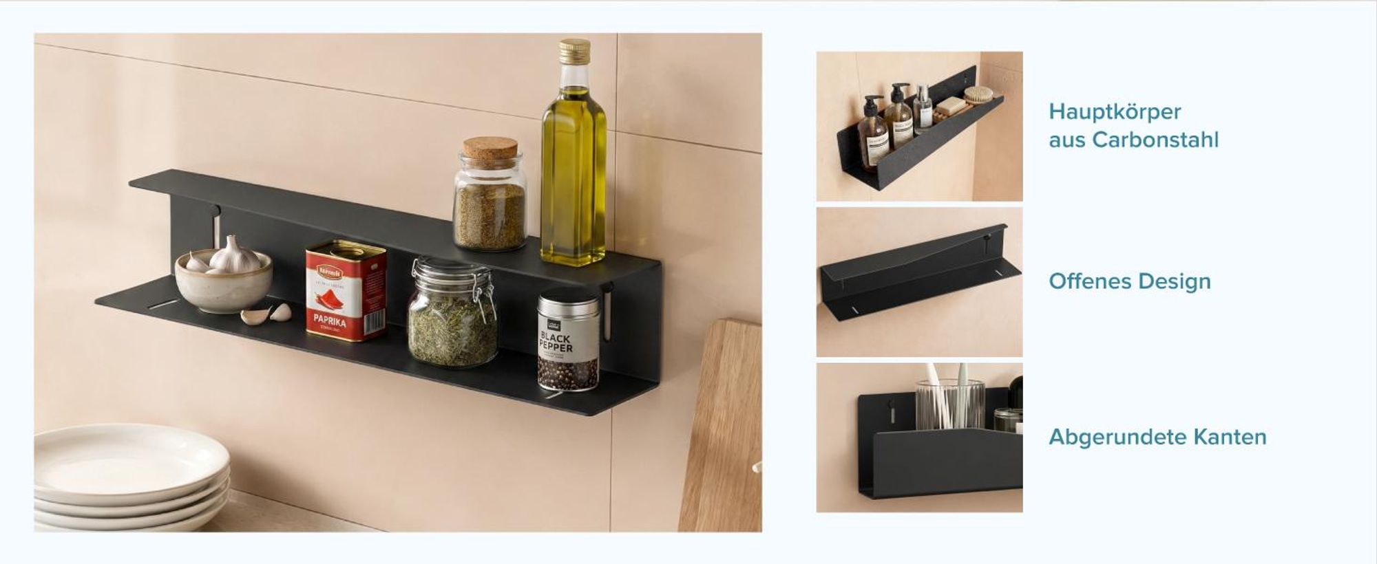doporro Duschablage ohne Bohren 50 cm, Duschregal Schwarz zum Kleben oder Bohren, rostfreier Badezimmer Organizer , Badewanne & Küche, Reglo-15
